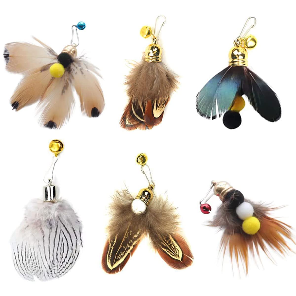 Cat Insect Feather Toys Replacement Cat Toy Wand Refills, 6 Pieces Natural Insect Cat Toy Feathers Refill, Interactive Cat Teaser Wand Attachments, with Bell