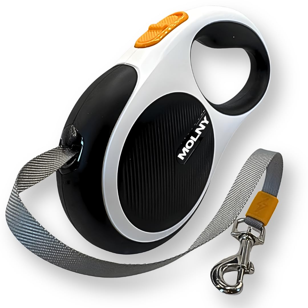 360° Tangle-Free Retractable Dog Leash, Strong Reflective Nylon Tape Lead 16 ft Dog Walking Leash, up to 66lbs, Anti-Slip Rubberized Handle, One-Handed Brake, White-Gray (Medium)