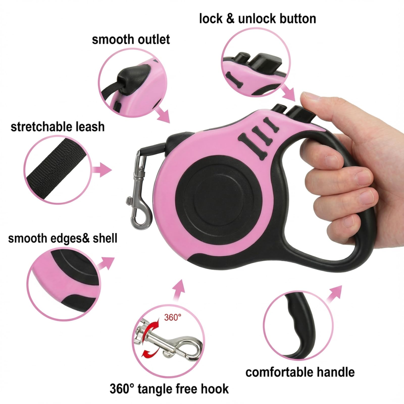 PETIMP Retractable Dog Leash Lightweight 16FT Leash, with Folding Bowl,Dispenser,Waste Bags, for Small Medium Dogs(Pink)