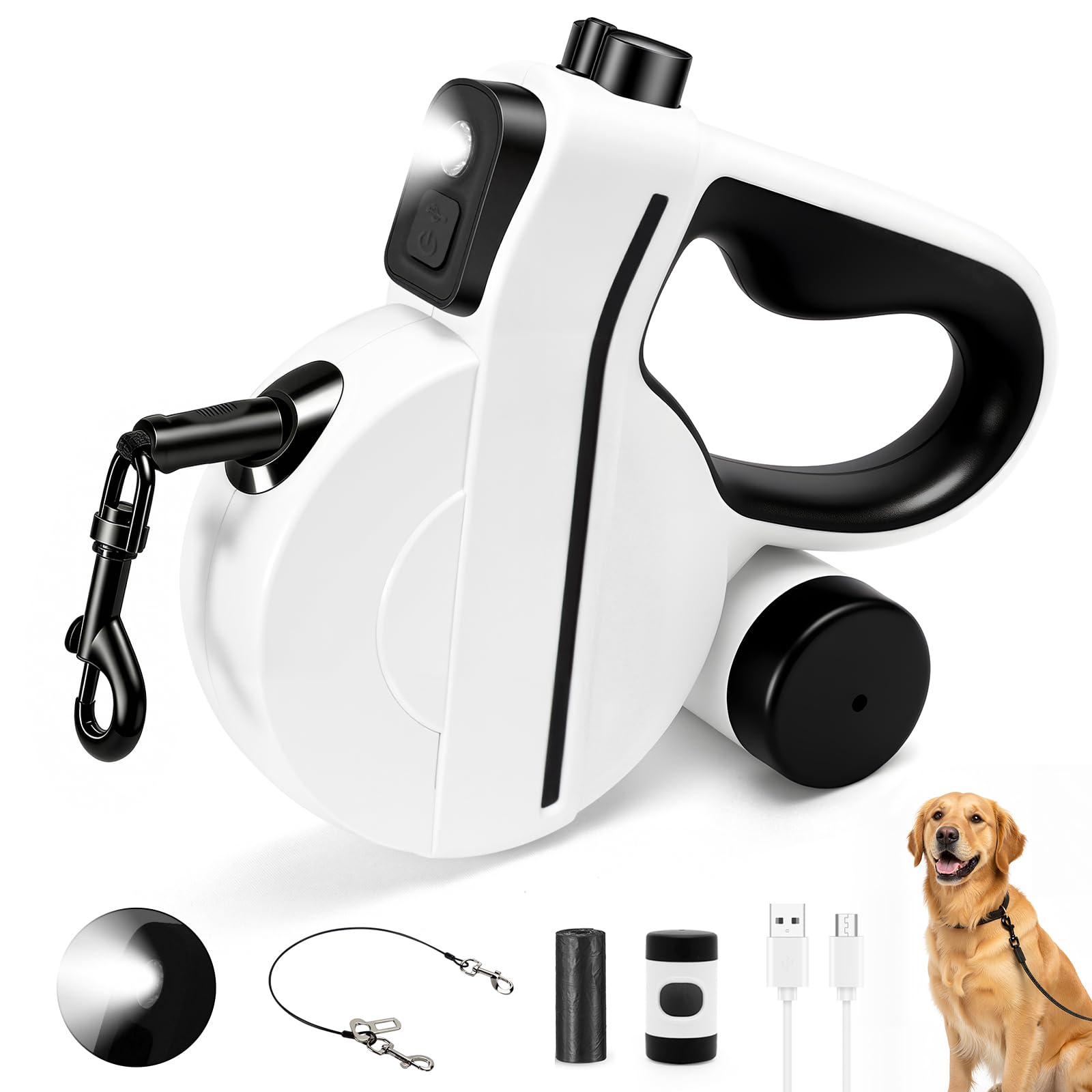 Snuggle Paws Retractable Dog Leash 16ft Heavy-Duty – All-in-One Leash with LED Flashlight, Poop Bag Holder & Chew-Proof Steel Cable Extension – Tangle-Free Design for Small to Large Dogs up to 66 lbs
