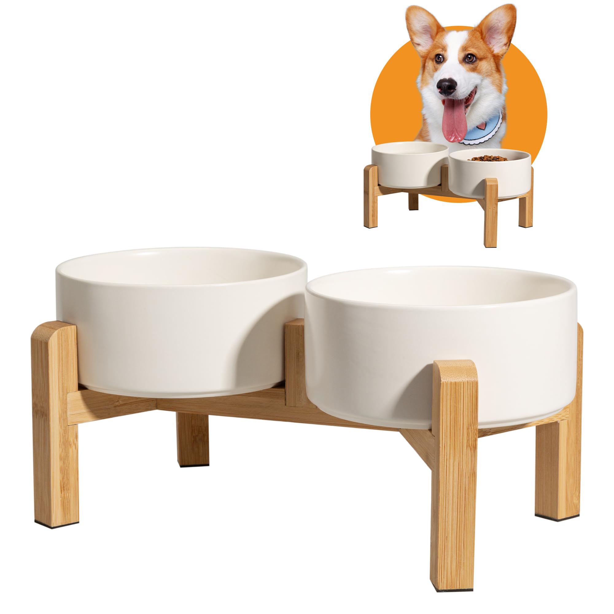 Elevated Ceramic Dog Bowl Set - Double Dog Feeding Bowls with Stand Splash Proof - Raised Dishes for Food and Water - Ideal for Small to Medium Dogs - 2 x 850 ml - 28.74 oz