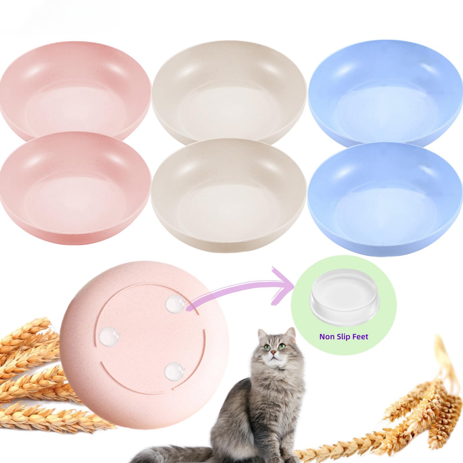[8 Pack] Cat Dishes Whisker Friendly, Shallow Wide Pet Food and Water Bowl, Durable Wheat Straw Cat Bowls for Indoor Outdoor Cats