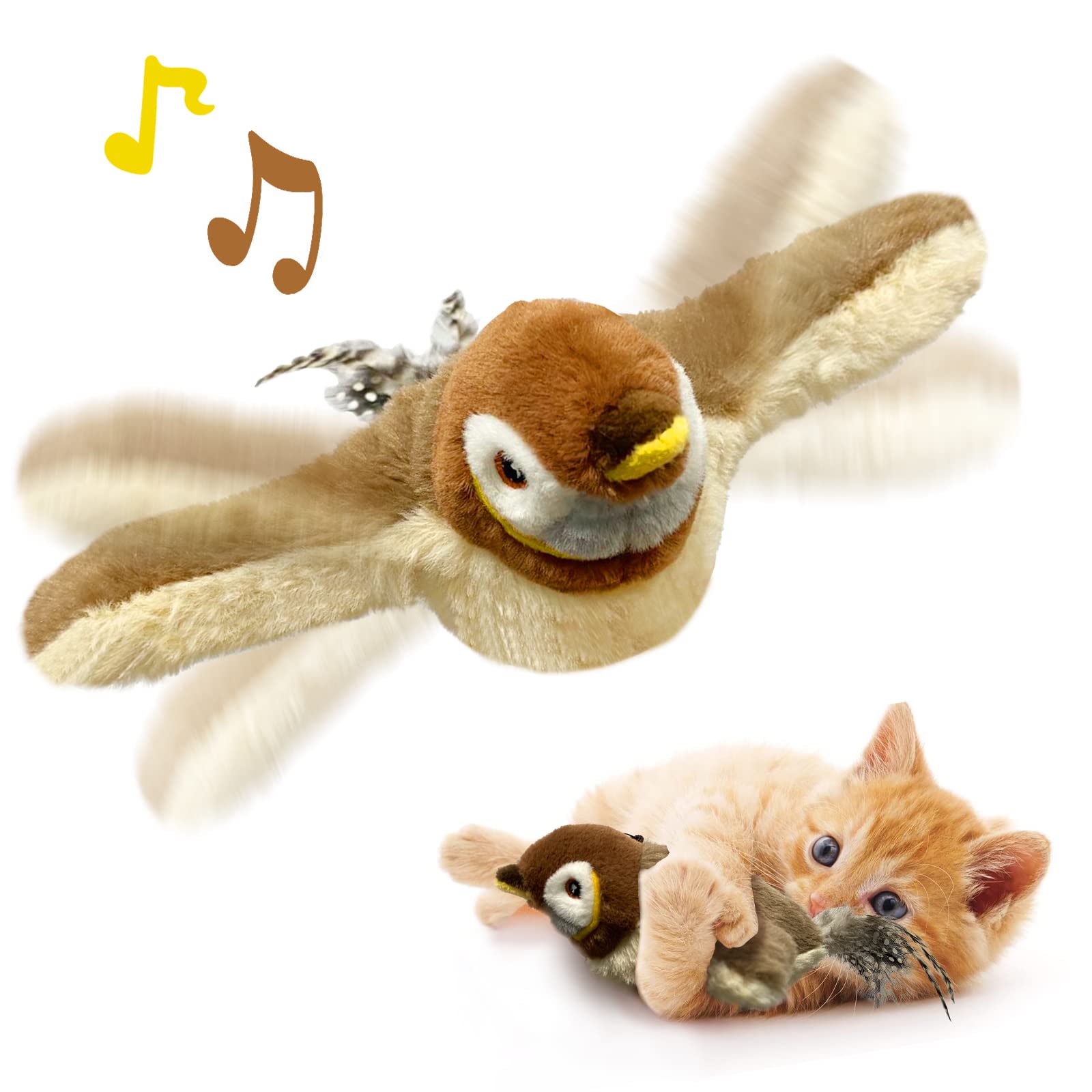 Cat Toys, Flapping Wings Sparrow, No Flying, Chirping Bird Interactive Catnip Toy for Kitten or Small Dogs, Touch Activated, Rechargeable