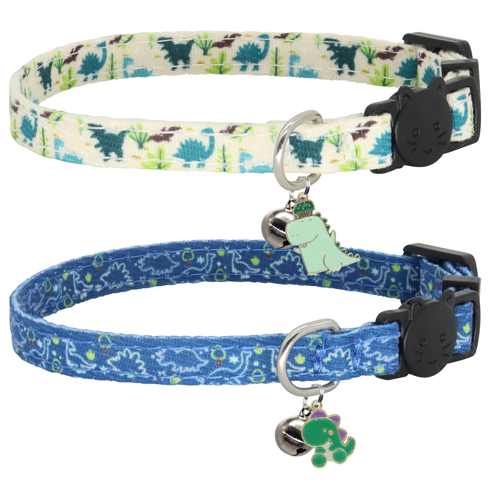 2 Pack Cotton Breakaway Cat Collar Green and Yellow Flowers Pendant Cute Kitten Cat Collar with Bell