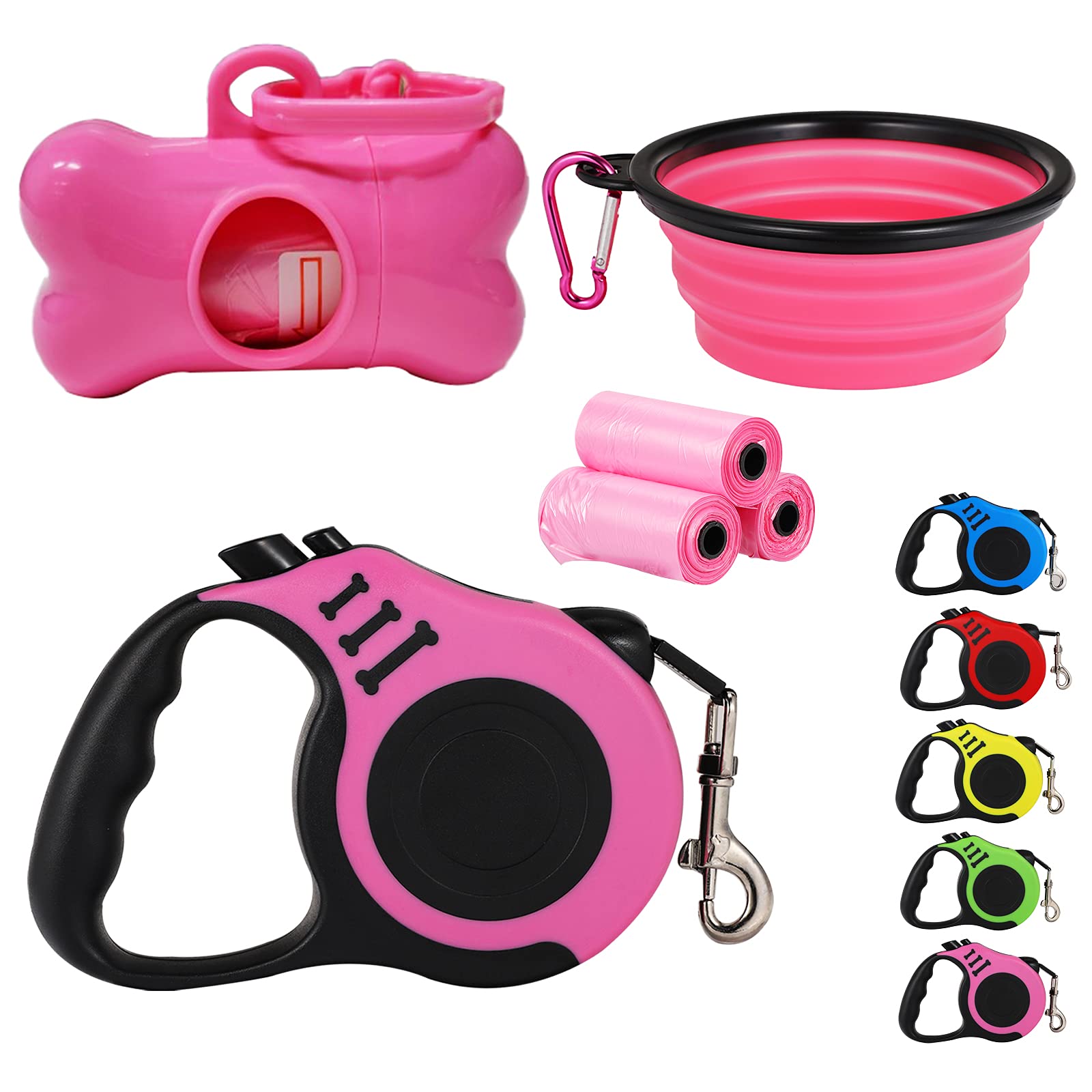 PETIMP Retractable Dog Leash Lightweight 16FT Leash, with Folding Bowl,Dispenser,Waste Bags, for Small Medium Dogs(Pink)