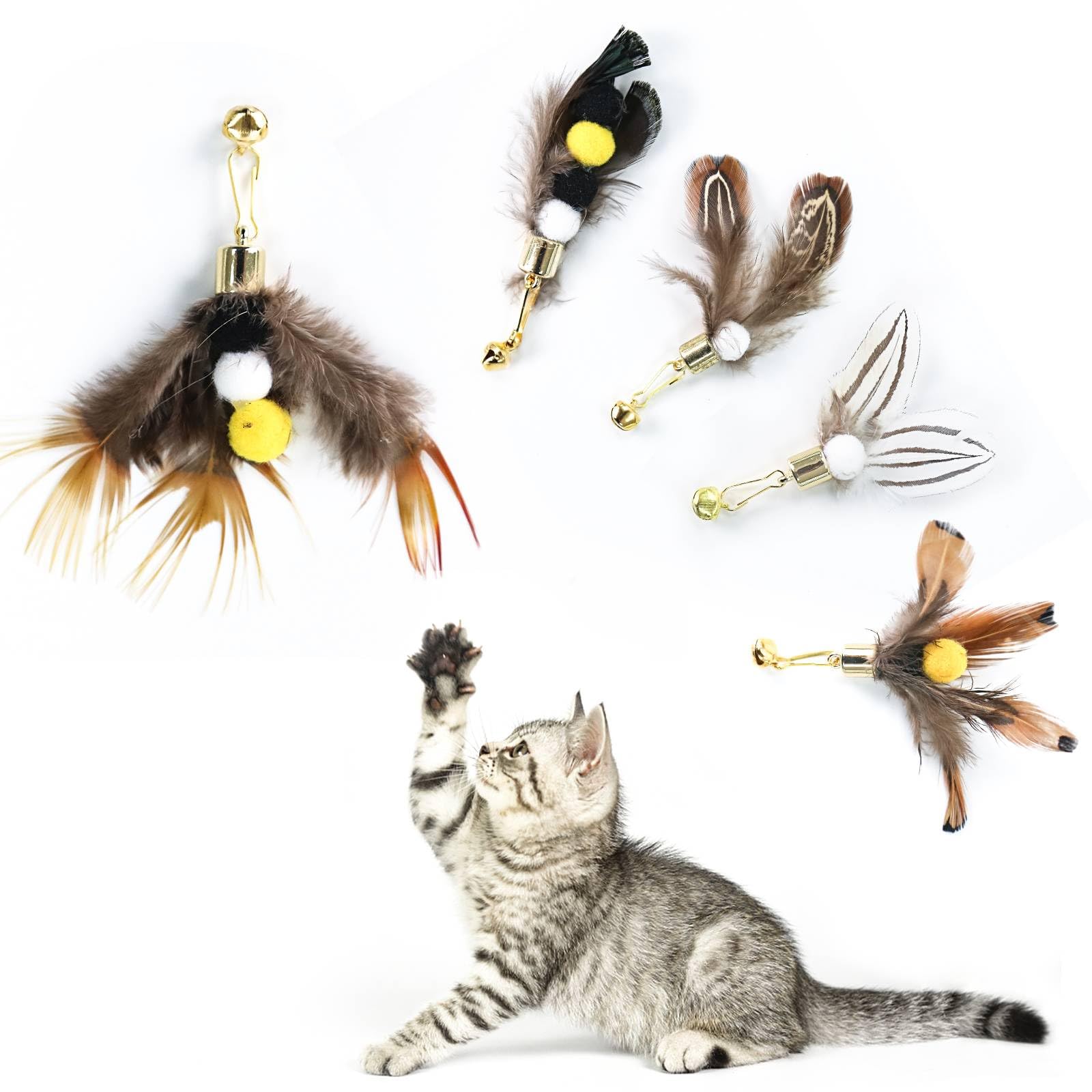 Cat Insect Feather Toys Replacement Cat Toy Wand Refills, 6 Pieces Natural Insect Cat Toy Feathers Refill, Interactive Cat Teaser Wand Attachments, with Bell