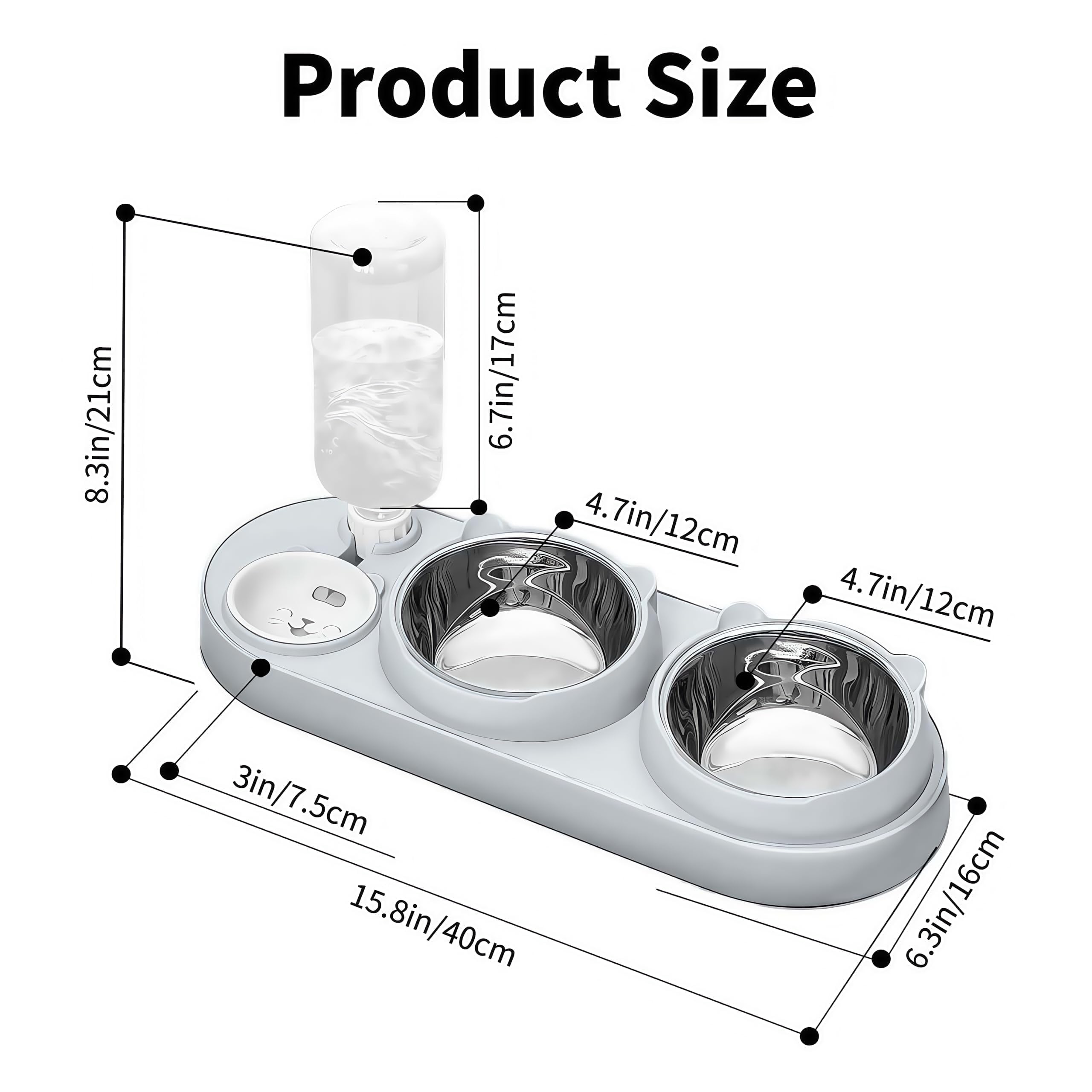 Marchul 3 in 1 Cat Bowl, Cat Food and Water Bowl Set with Water Dispenser and Stainless Steel Bowls, 15° Tilted Pet Raised Three Bowls for Indoor Cats, Small or Medium Sized Dogs