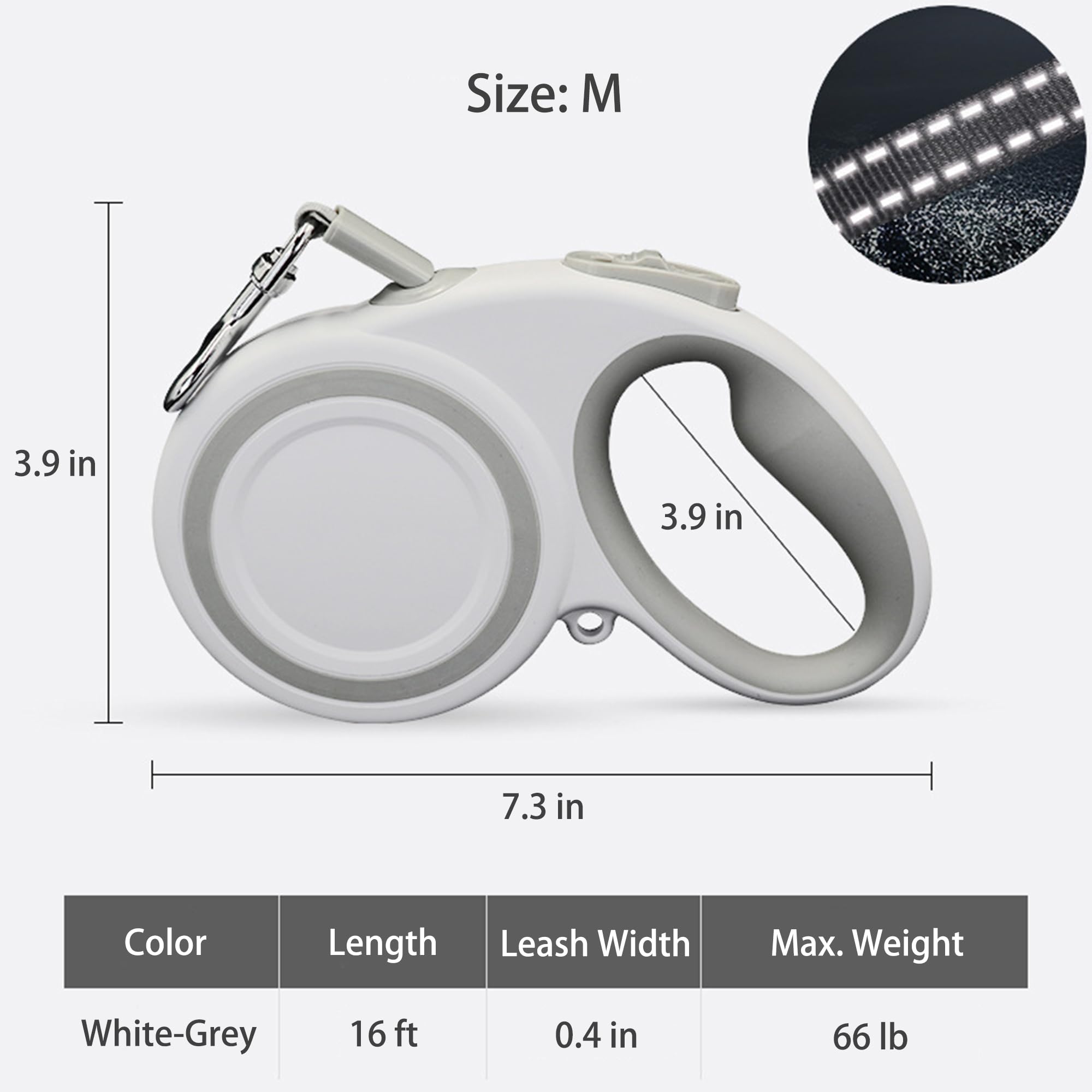 360° Tangle-Free Retractable Dog Leash, Strong Reflective Nylon Tape Lead 16 ft Dog Walking Leash, up to 66lbs, Anti-Slip Rubberized Handle, One-Handed Brake, White-Gray (Medium)