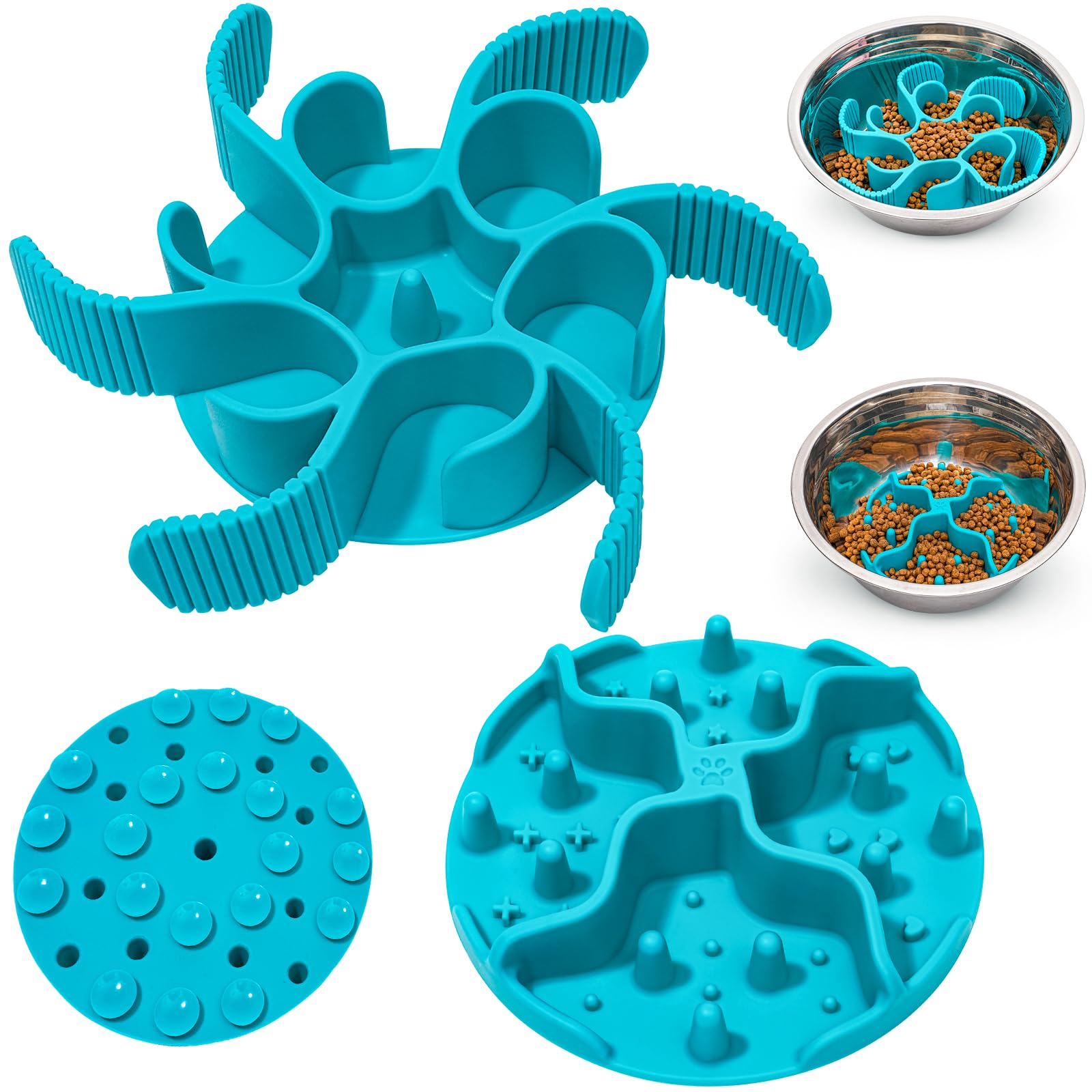 Keegud Slow Feeder Dog Bowls Insert [Octopus Suction Cups] Super Firm Slow Eating Dog Bowl [Cuttable] for Large Breed and Medium Size Dog Compatible with Regular and Elevated Dog Bowls (Turbine)