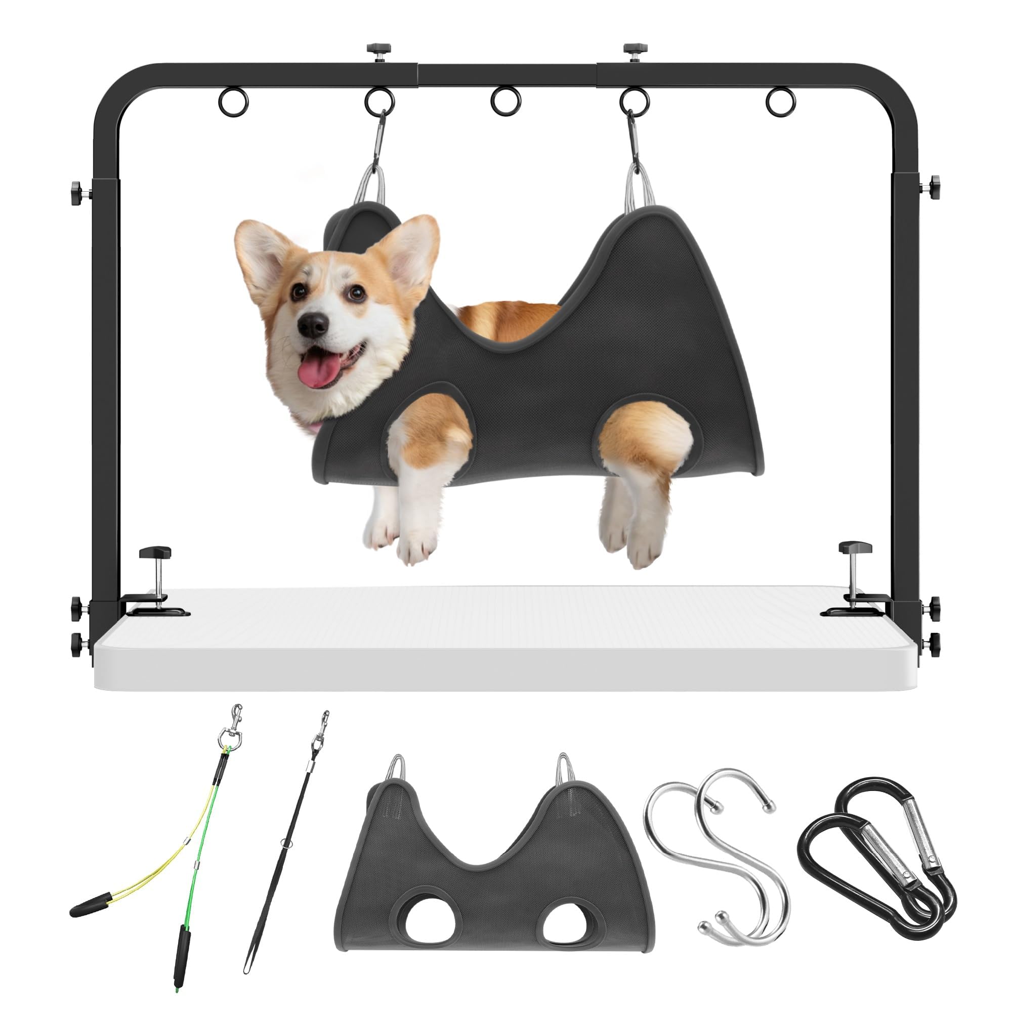 Foldable Dog Grooming Arm with Clamp: Adjustable Height 26"-40", Dog Grooming Table Arm with Hammock and No-Sit Holder, Grooming Restraint for Small Medium Dogs at Home or Salon