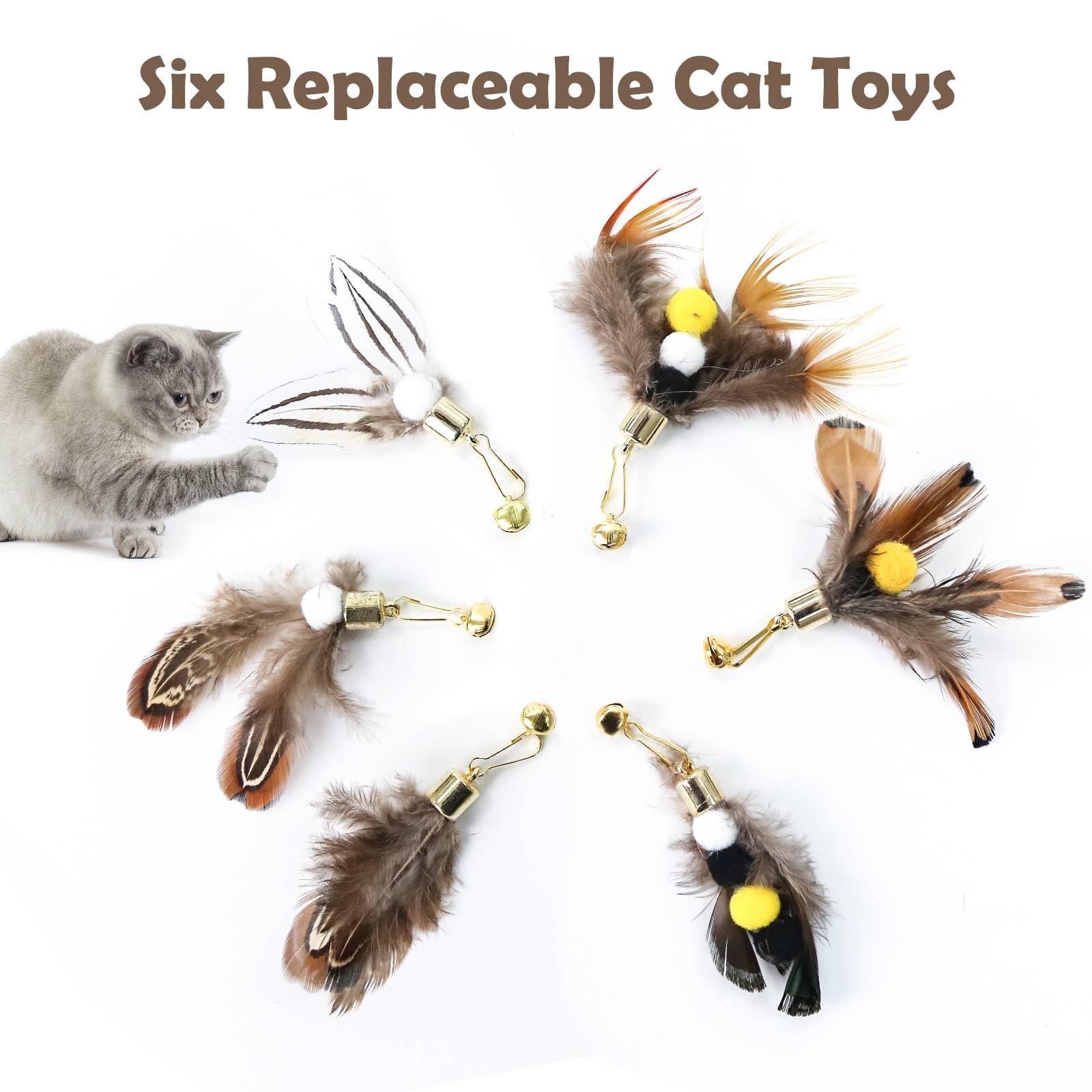 Cat Insect Feather Toys Replacement Cat Toy Wand Refills, 6 Pieces Natural Insect Cat Toy Feathers Refill, Interactive Cat Teaser Wand Attachments, with Bell