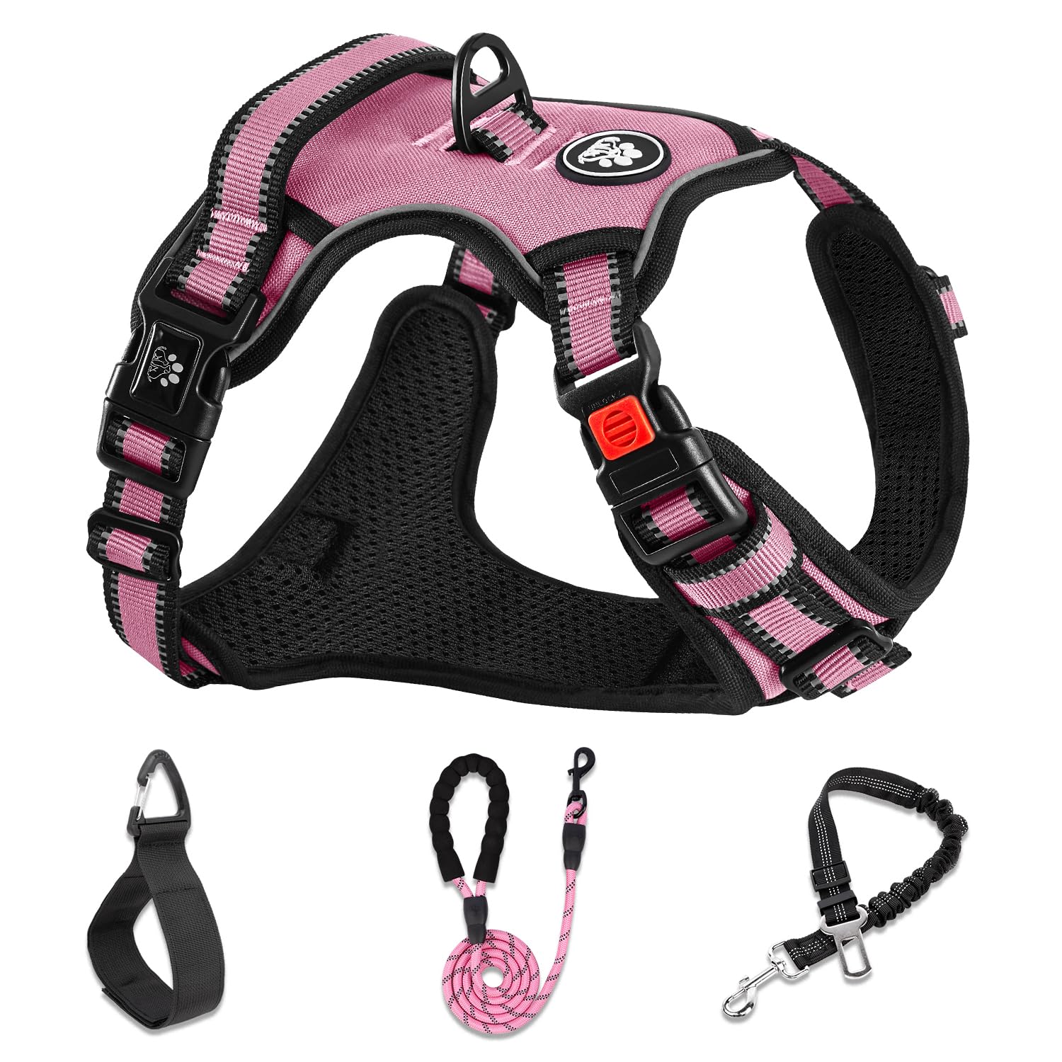 LOBEVE No Pull Dog Harness, Collar & Leash Set | Includes Dog Seat Belt, Collapsible Bowls & Poop Bag Dispenser. Ideal for Training, Walking, Hiking. Fits Small to Large Dogs(Pink-M)