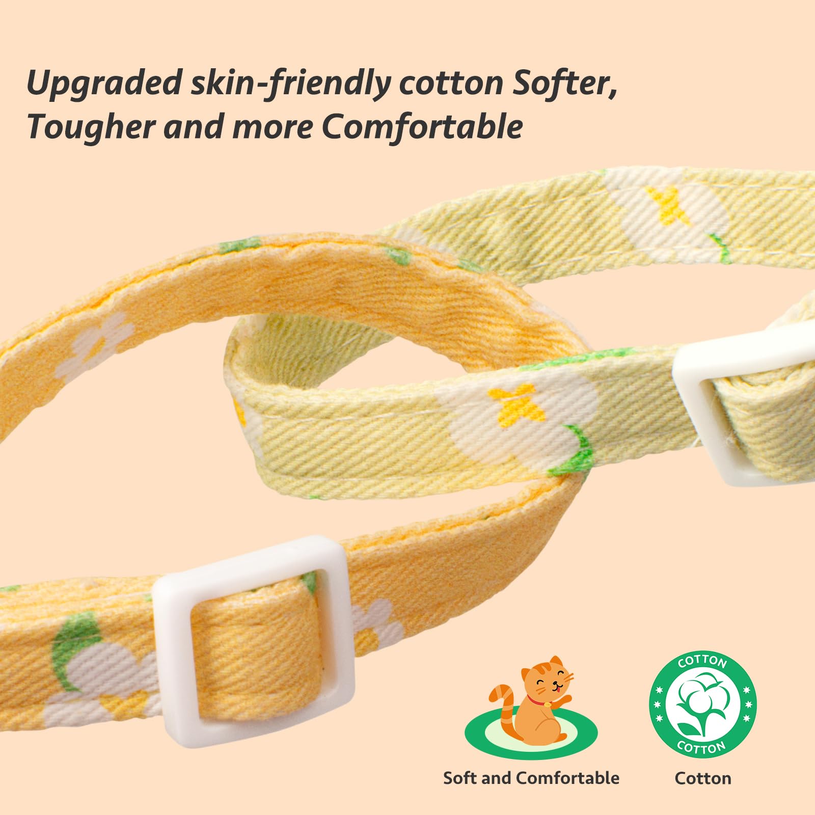 2 Pack Cotton Breakaway Cat Collar Green and Yellow Flowers Pendant Cute Kitten Cat Collar with Bell