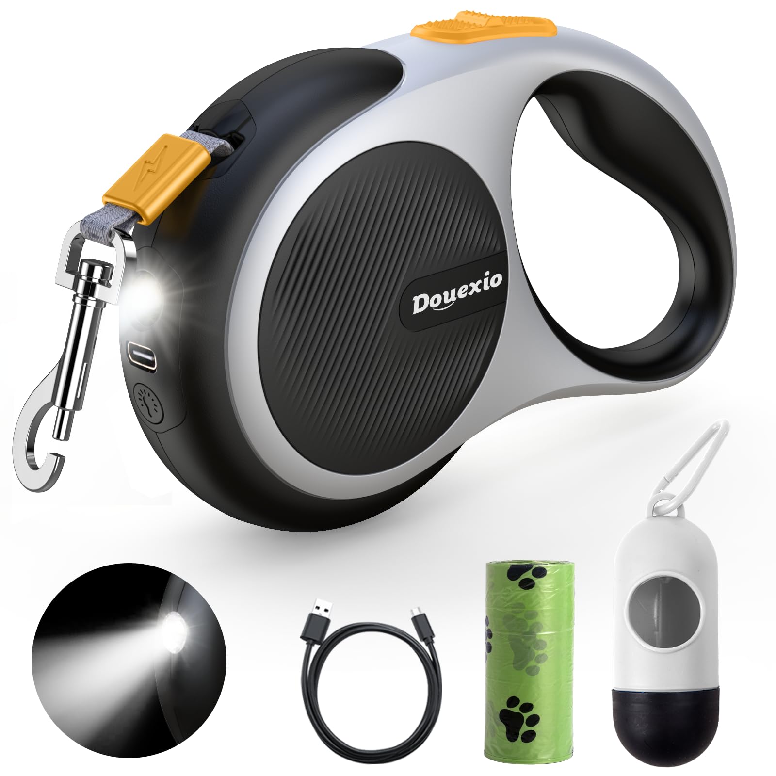 Snuggle Paws Retractable Dog Leash 16ft Heavy-Duty – All-in-One Leash with LED Flashlight, Poop Bag Holder & Chew-Proof Steel Cable Extension – Tangle-Free Design for Small to Large Dogs up to 66 lbs