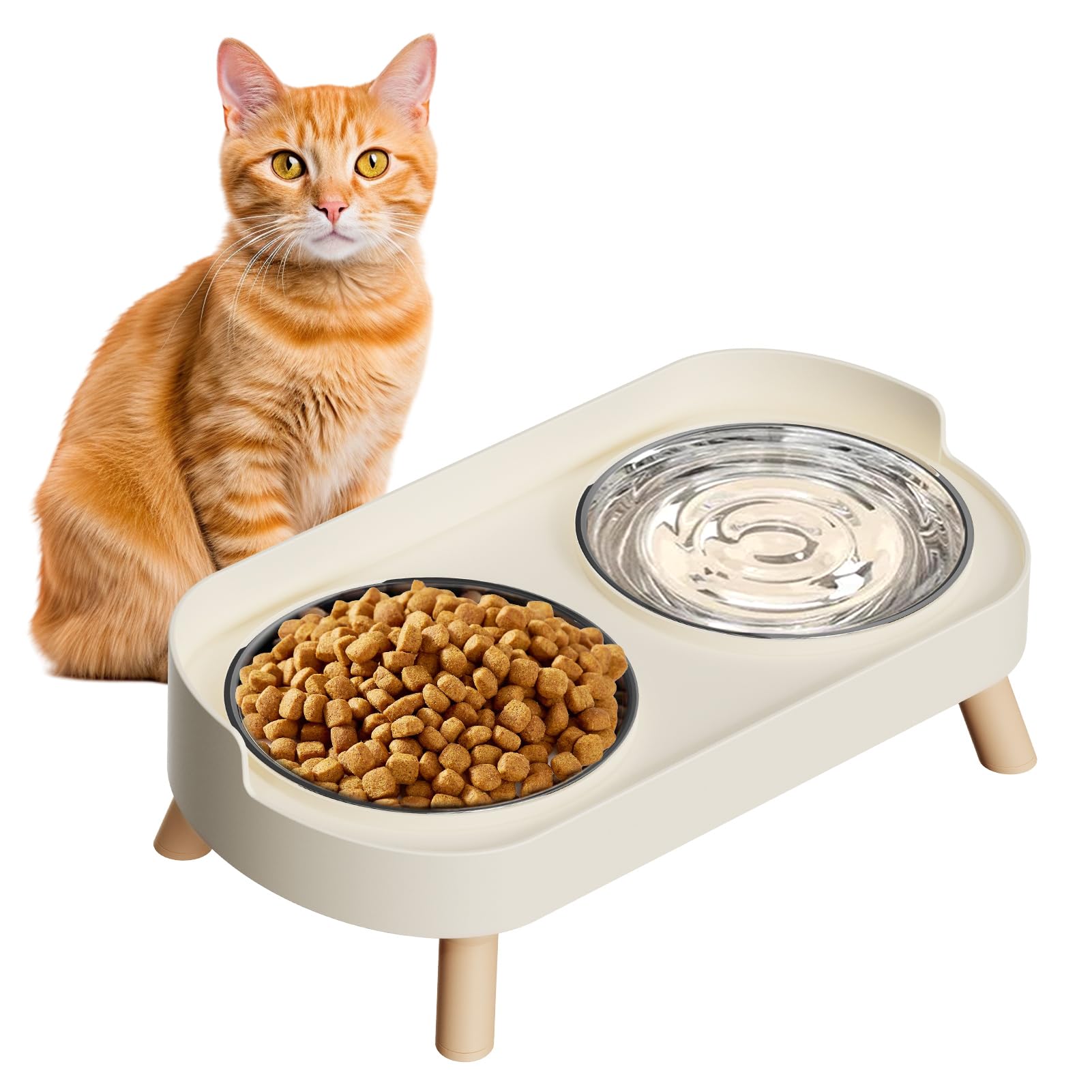 Marchul 3 in 1 Cat Bowl, Cat Food and Water Bowl Set with Water Dispenser and Stainless Steel Bowls, 15° Tilted Pet Raised Three Bowls for Indoor Cats, Small or Medium Sized Dogs