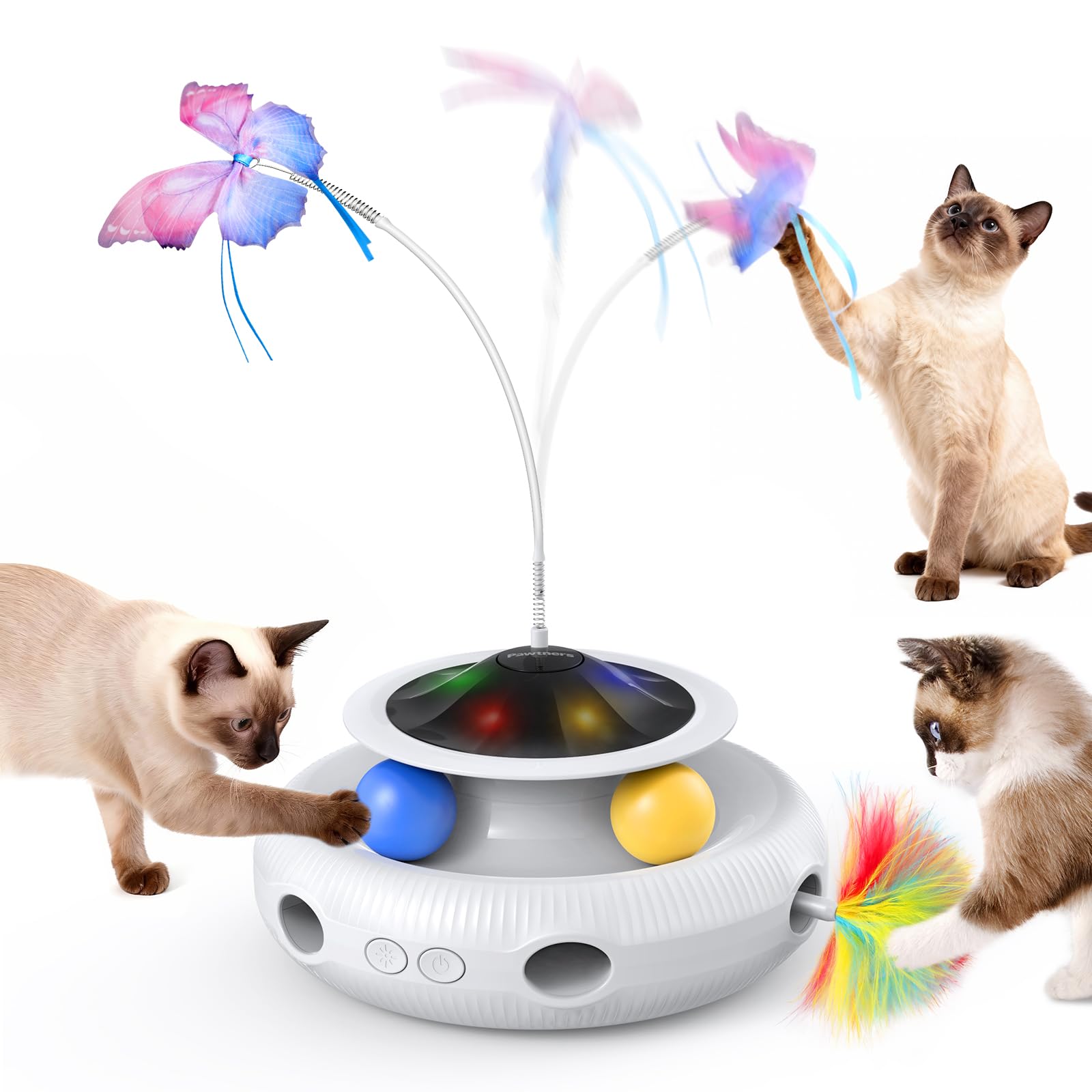 Potaroma Cat Toys 3in1 Automatic Interactive Kitten Toy, Fluttering Butterfly, Moving Feather, Track Balls, Dual Power Supplies, USB Powered, Indoor Exercise Kicker (Bright White)