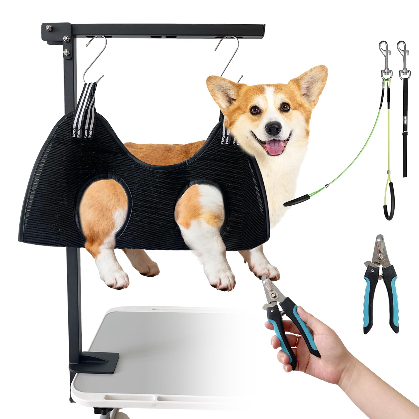 Foldable Dog Grooming Arm with Clamp: Adjustable Height 26"-40", Dog Grooming Table Arm with Hammock and No-Sit Holder, Grooming Restraint for Small Medium Dogs at Home or Salon