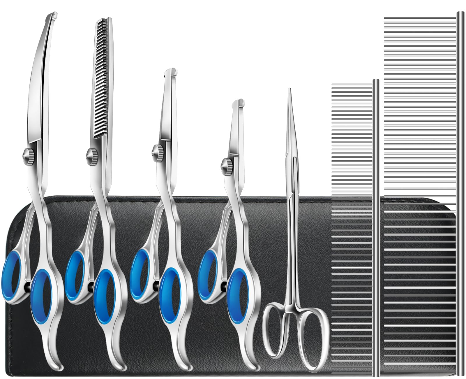 5 in 1 Premium Dog Grooming Scissors, Professional Dog Scissors for Grooming with Safety Round Tips, Lengnoyp Stainless Steel Thinning Shears, Pet Cat Shears for Grooming Kit