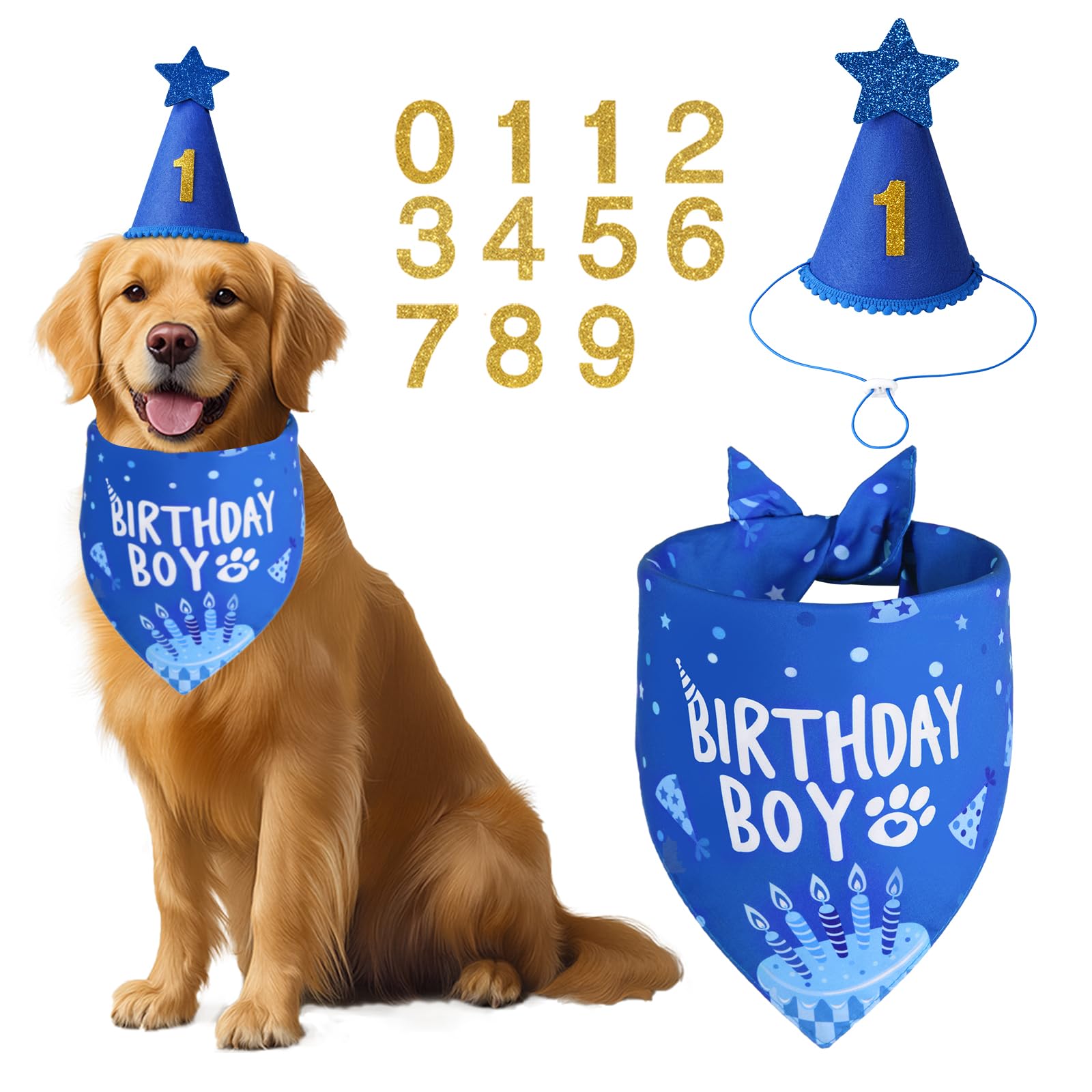 Boy Dog Birthday Party Costume & Decoration Supplies Set with Blue Birthday Bandana Hat Scarf and Bow Tie Happy Birthday Banner and Dog Paw Balloons for Medium Large Dogs Pets(M/L)