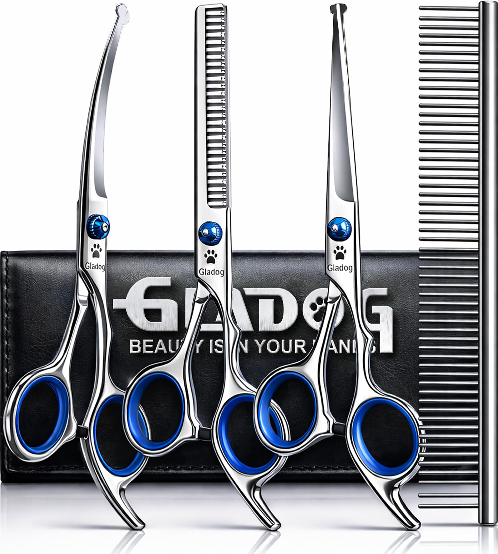 5 in 1 Premium Dog Grooming Scissors, Professional Dog Scissors for Grooming with Safety Round Tips, Lengnoyp Stainless Steel Thinning Shears, Pet Cat Shears for Grooming Kit