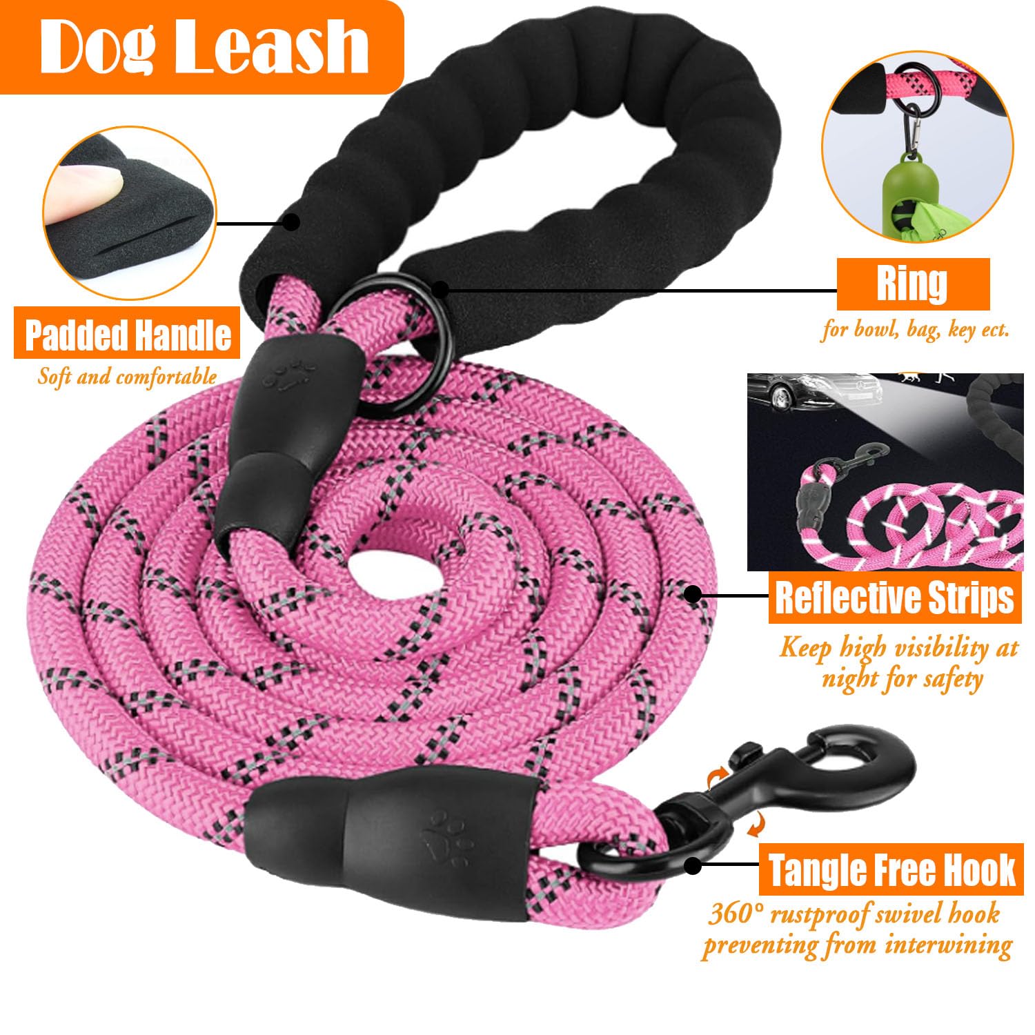 LOBEVE No Pull Dog Harness, Collar & Leash Set | Includes Dog Seat Belt, Collapsible Bowls & Poop Bag Dispenser. Ideal for Training, Walking, Hiking. Fits Small to Large Dogs(Pink-M)