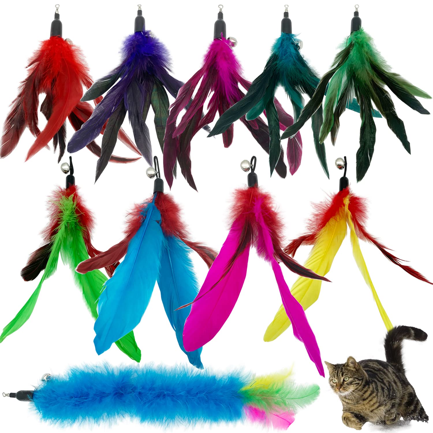 miwoowim Natural unstained Feathers,8PCS Cat Feather Toys Replacement Wand Toy Refills, Cat Feathers Refill for Indoor Cats,Perfect Wand Attachments