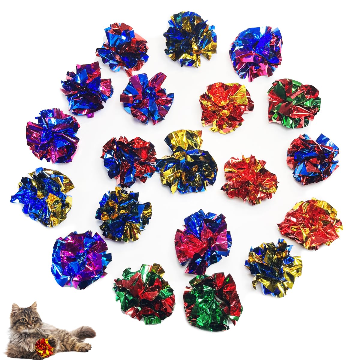 PET SHOW 20 Pcs Cat Crinkle Toy Ball 2.5inch Mylar Cat Pounce Chase Toys Colorful Paper Ball Chase Training Activity for Cats Kittens