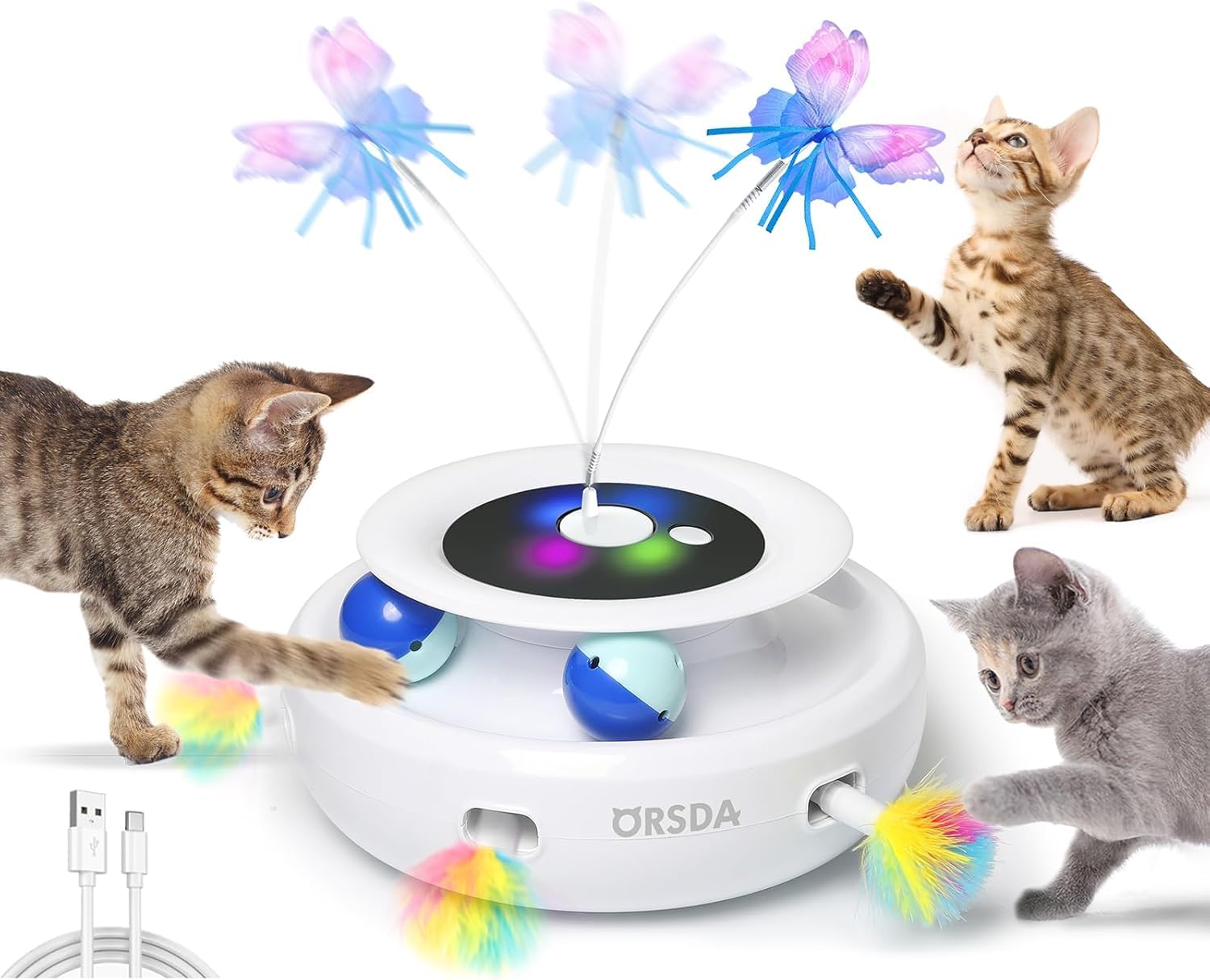 Potaroma Cat Toys 3in1 Automatic Interactive Kitten Toy, Fluttering Butterfly, Moving Feather, Track Balls, Dual Power Supplies, USB Powered, Indoor Exercise Kicker (Bright White)