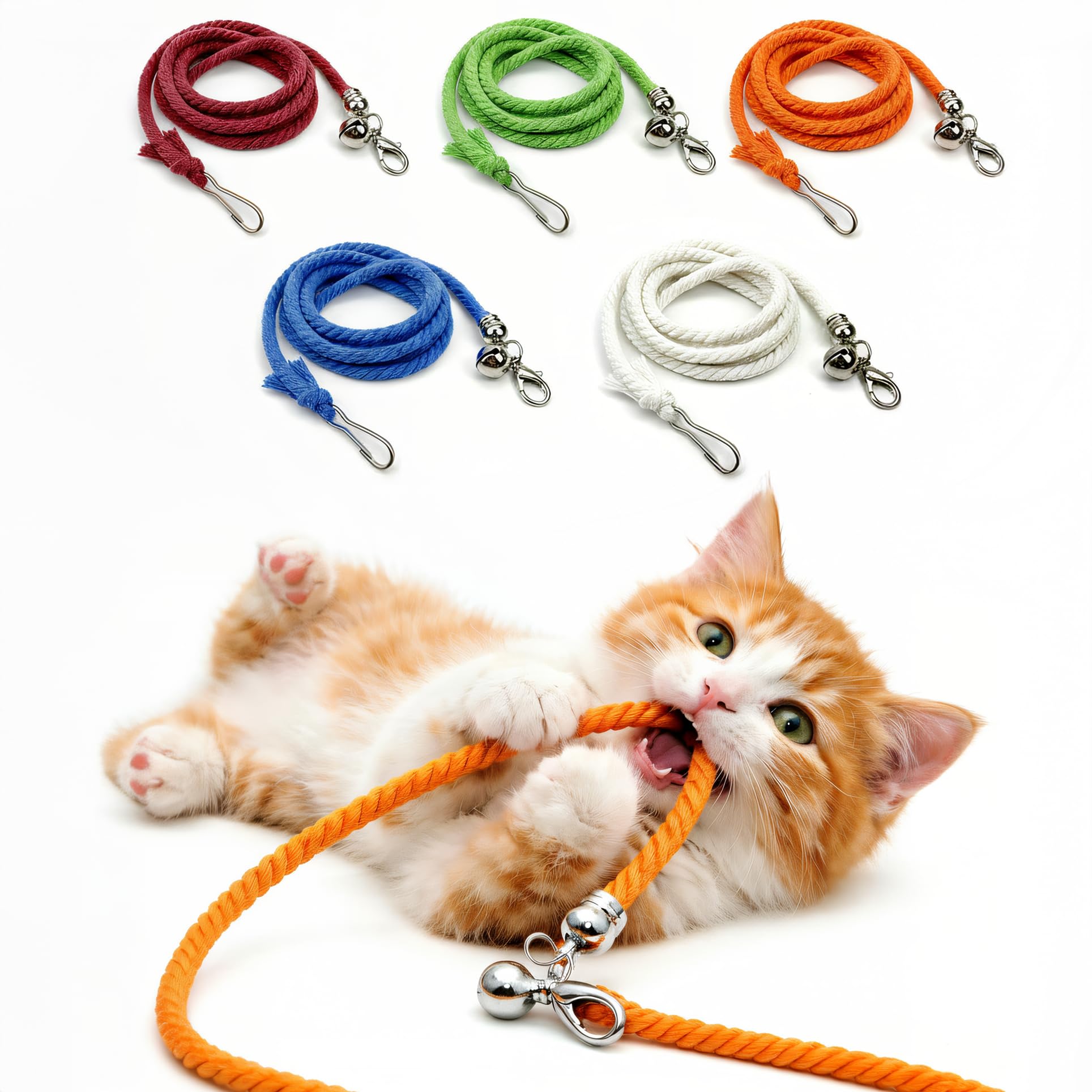 5 Pack Cat Wand Replacement Strings – Interactive Cotton Rope Cat Toy with Clips & Bell for Indoor Cats
