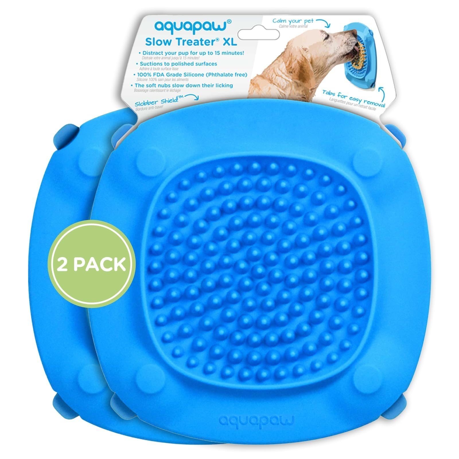 Aquapaw Dog Bath Lick Mat - 2-Pack, XL, Blue - Slow Feeder Mat & Dog Treat Container with Suction Cup - Shower Peanut Butter Holder & Bathing Distraction Aid