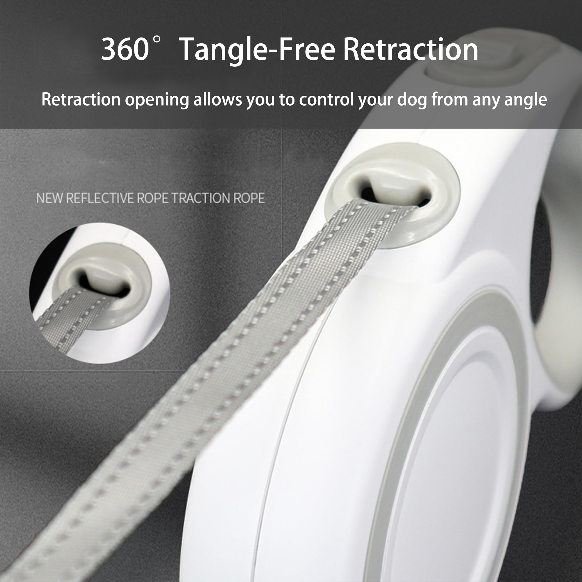 360° Tangle-Free Retractable Dog Leash, Strong Reflective Nylon Tape Lead 16 ft Dog Walking Leash, up to 66lbs, Anti-Slip Rubberized Handle, One-Handed Brake, White-Gray (Medium)