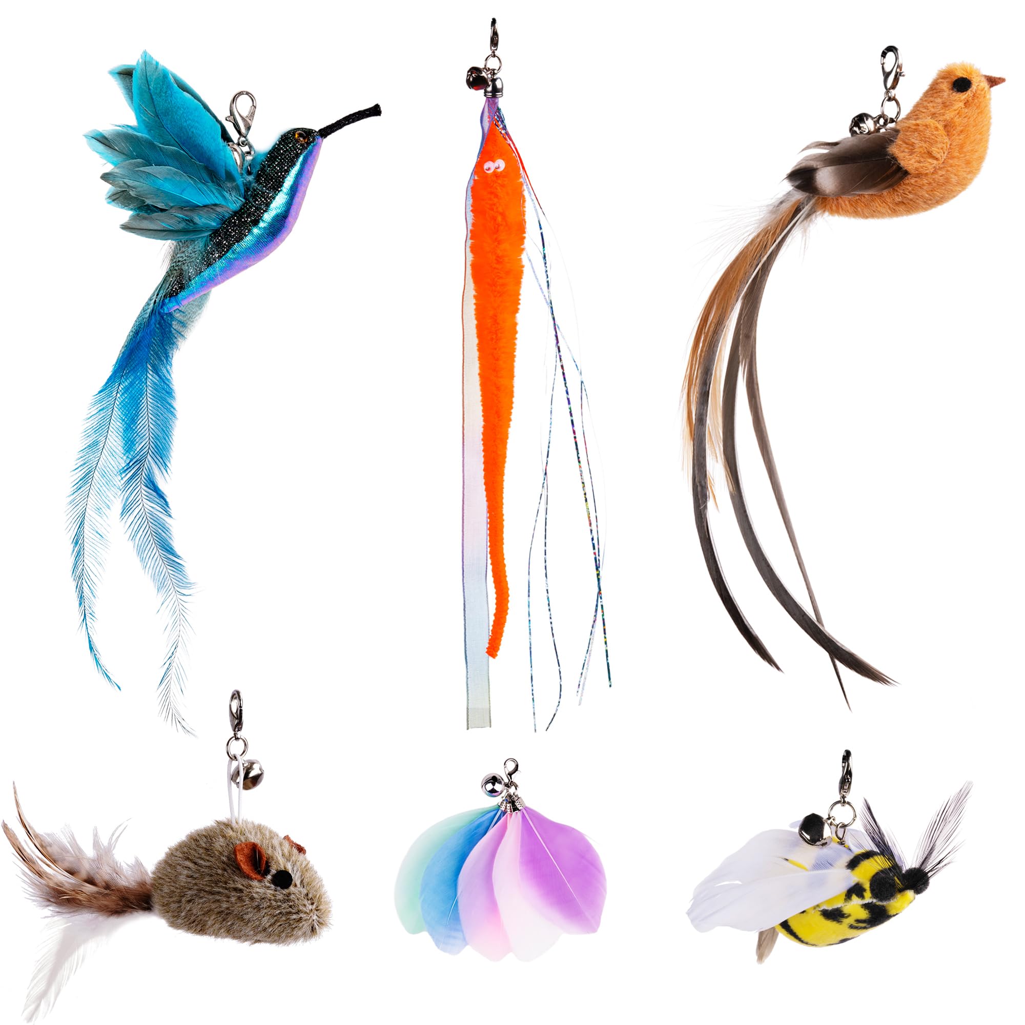 Cat Insect Feather Toys Replacement Cat Toy Wand Refills, 6 Pieces Natural Insect Cat Toy Feathers Refill, Interactive Cat Teaser Wand Attachments, with Bell