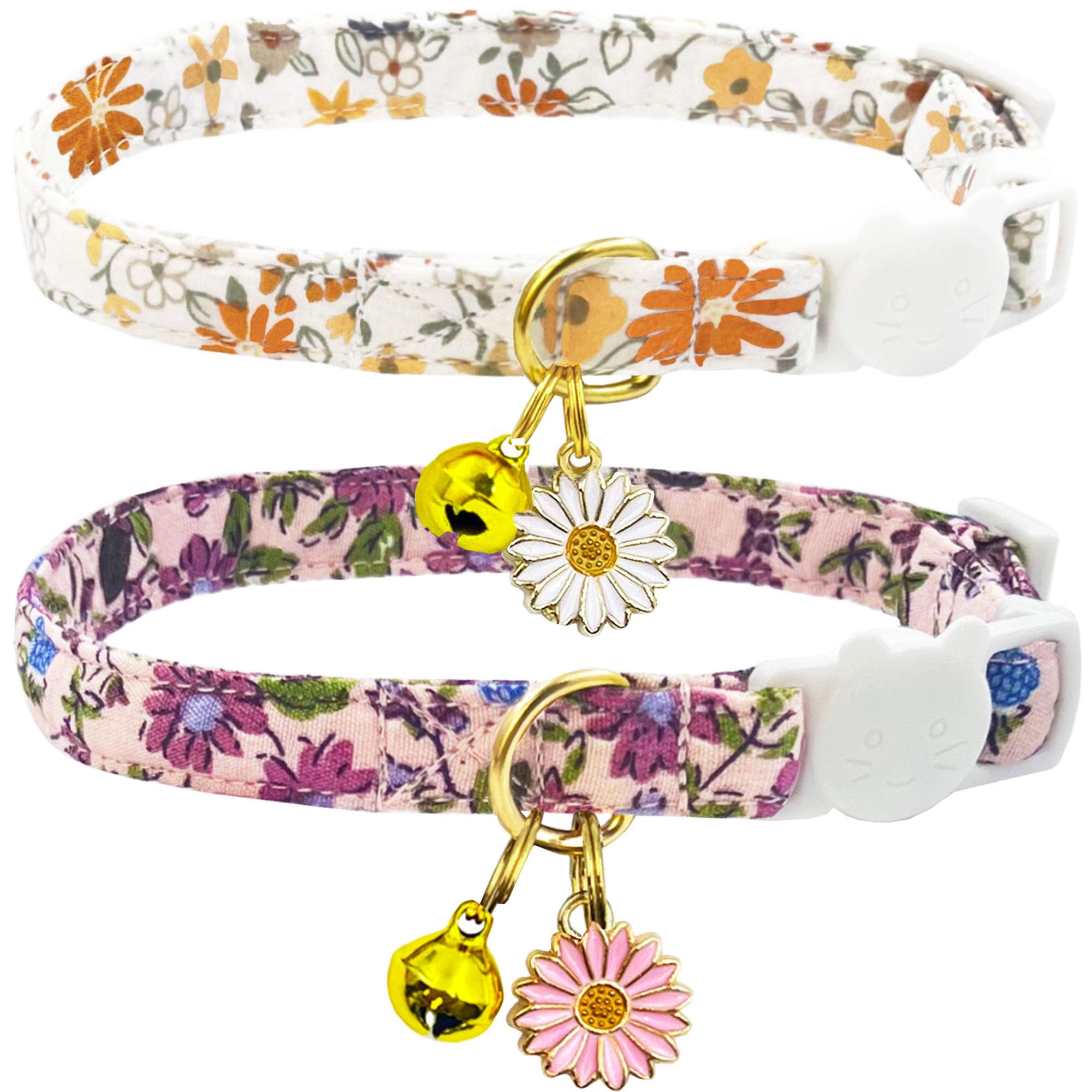 2 Pack Cotton Breakaway Cat Collar Green and Yellow Flowers Pendant Cute Kitten Cat Collar with Bell