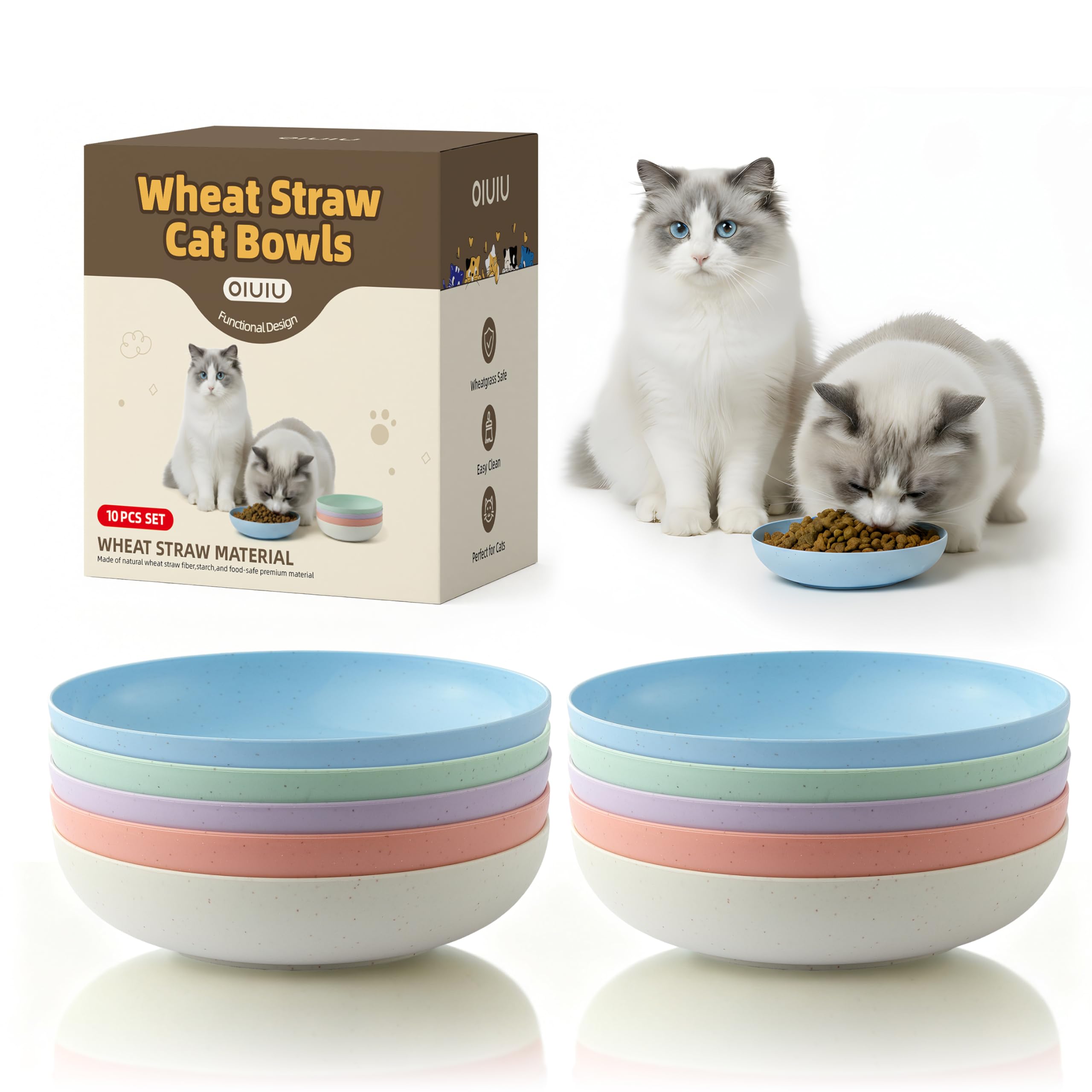 [8 Pack] Cat Dishes Whisker Friendly, Shallow Wide Pet Food and Water Bowl, Durable Wheat Straw Cat Bowls for Indoor Outdoor Cats