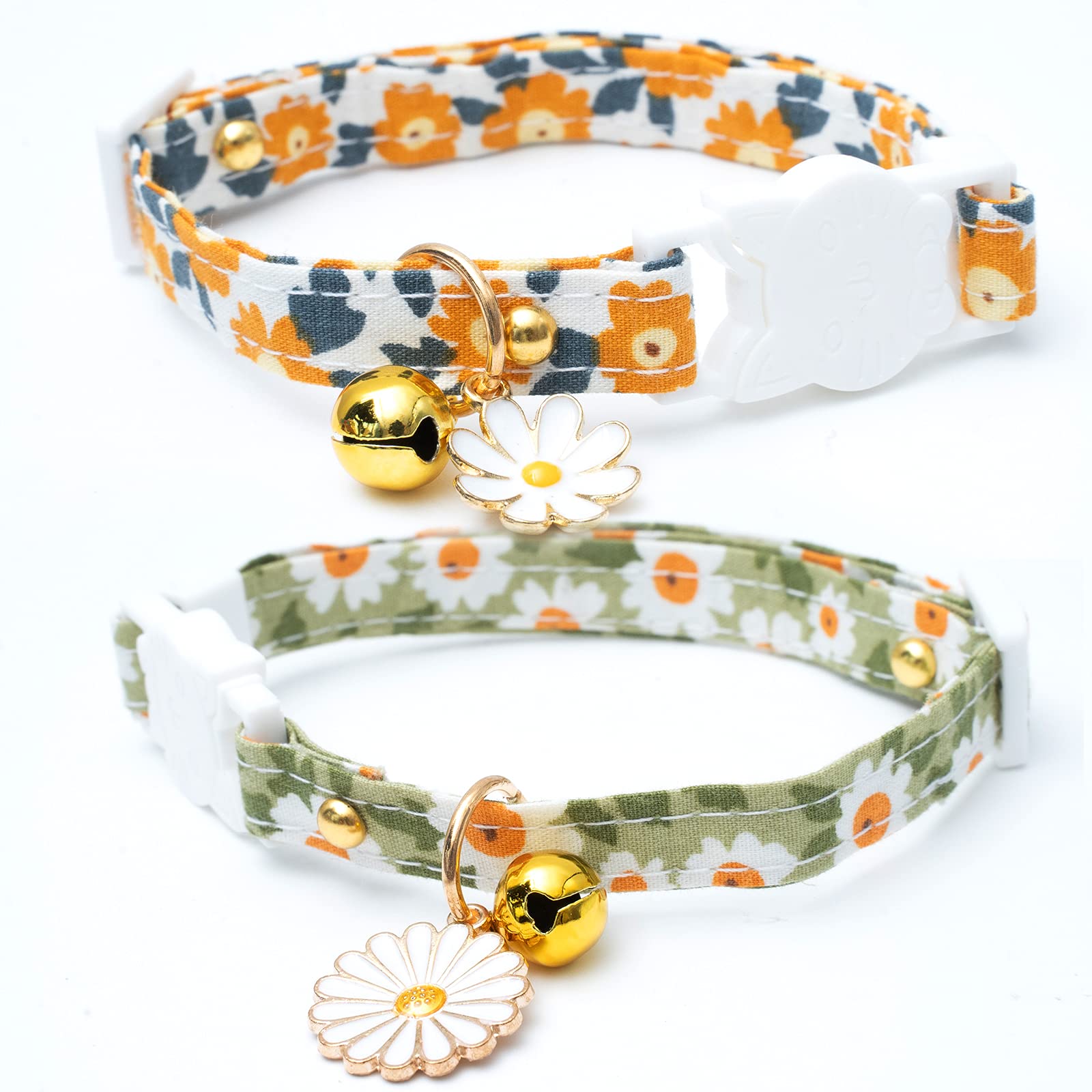 2 Pack Cotton Breakaway Cat Collar Green and Yellow Flowers Pendant Cute Kitten Cat Collar with Bell