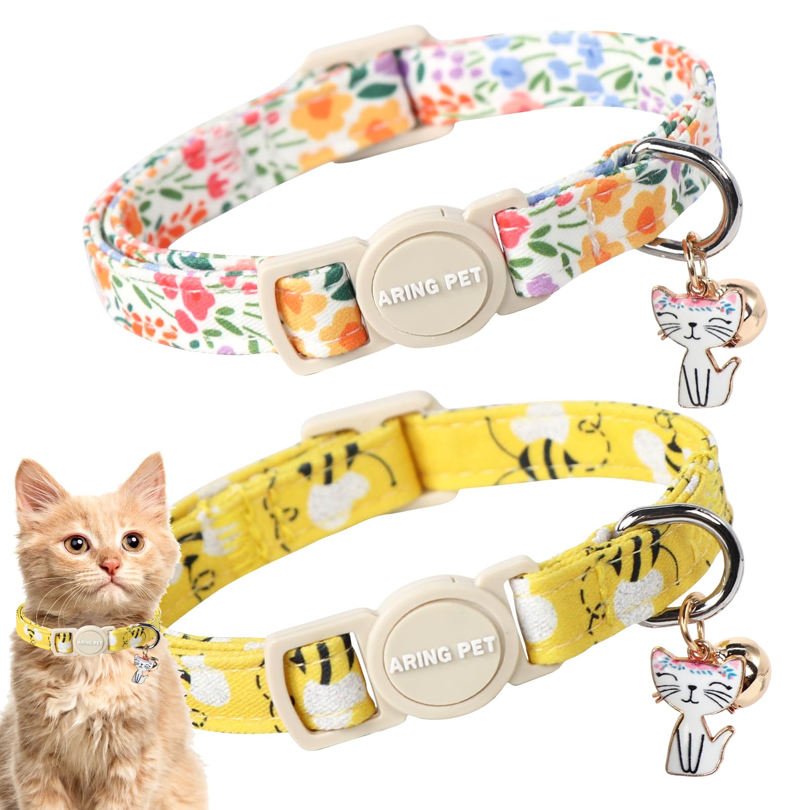 2 Pack Cotton Breakaway Cat Collar Green and Yellow Flowers Pendant Cute Kitten Cat Collar with Bell