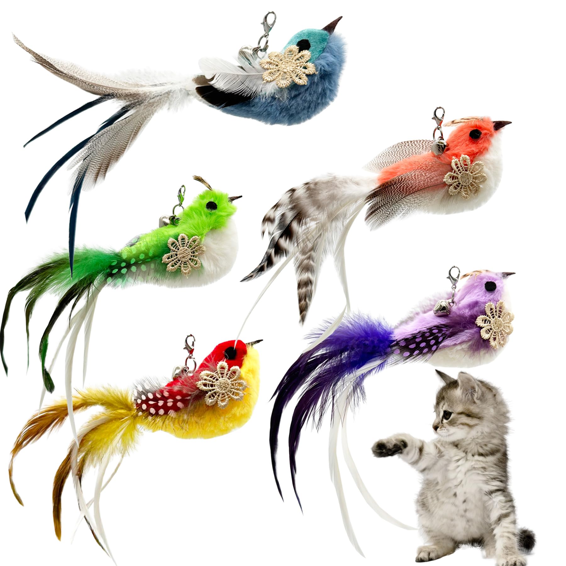 Cat Insect Feather Toys Replacement Cat Toy Wand Refills, 6 Pieces Natural Insect Cat Toy Feathers Refill, Interactive Cat Teaser Wand Attachments, with Bell