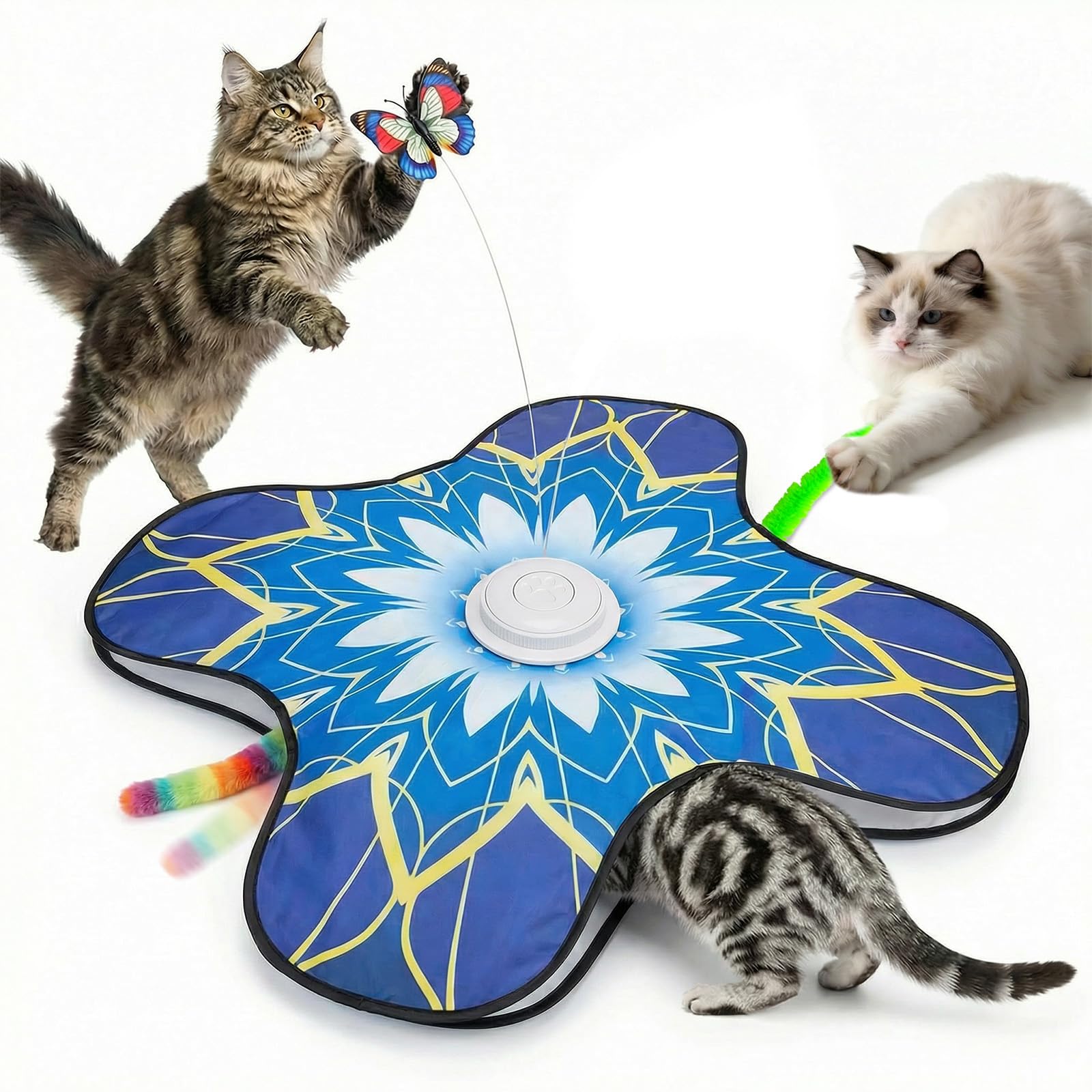 Interactive Cat Toys for Indoor Cats,[Newly Upgraded] Rechargeable Touch Activated Hide and Seek Kitten Toys for Bored Indoor Adult Cats with Fluttering (Blue)
