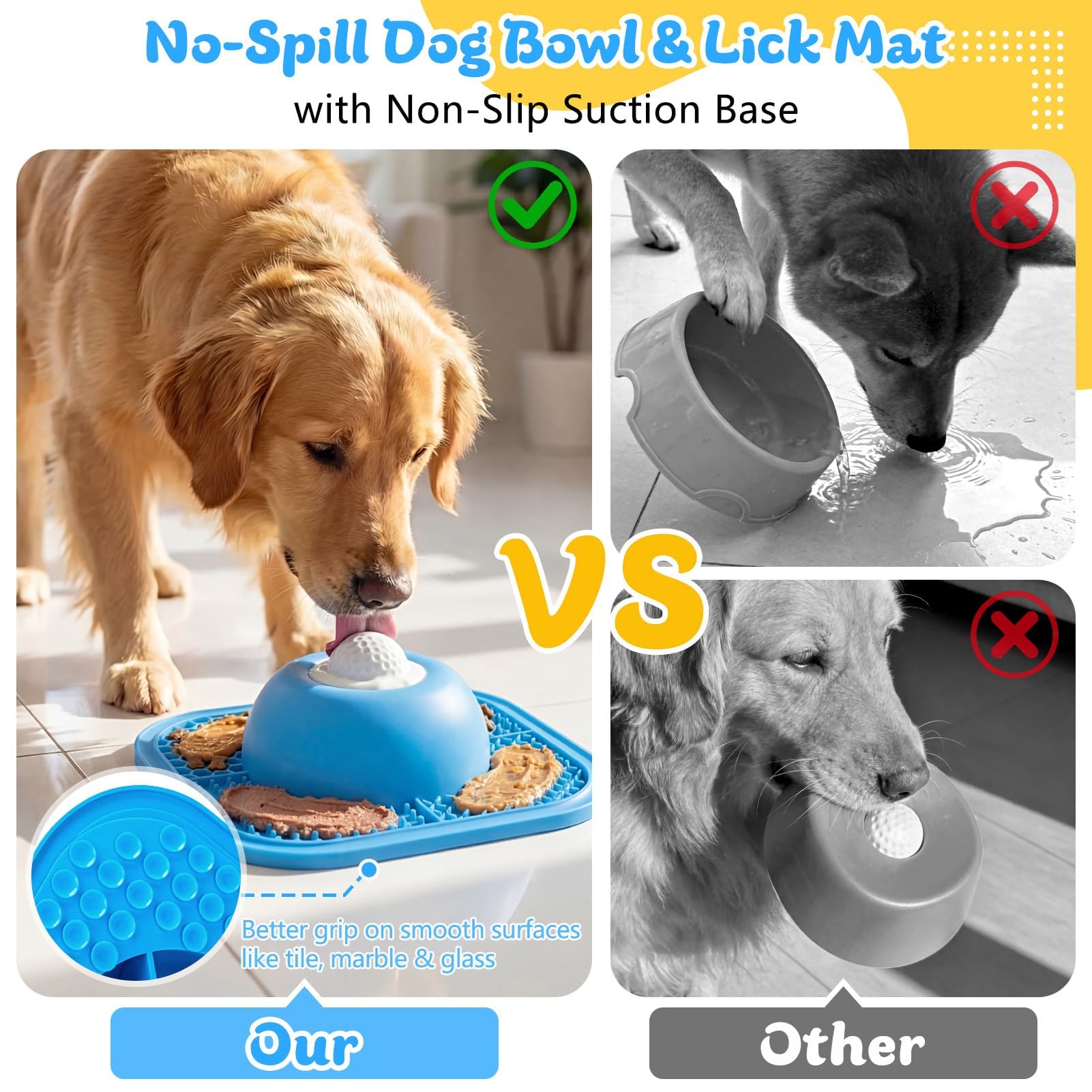 PetsHome Slow Feeder Dog Bowls & Lick Mat for Liquid and Thick Treat, Anti-Slip Dog Lick Bowl with Interactive Rolling Ball, 5/6 Cup Pup Licking Toy for Large Medium Small Dogs and Cats Blue