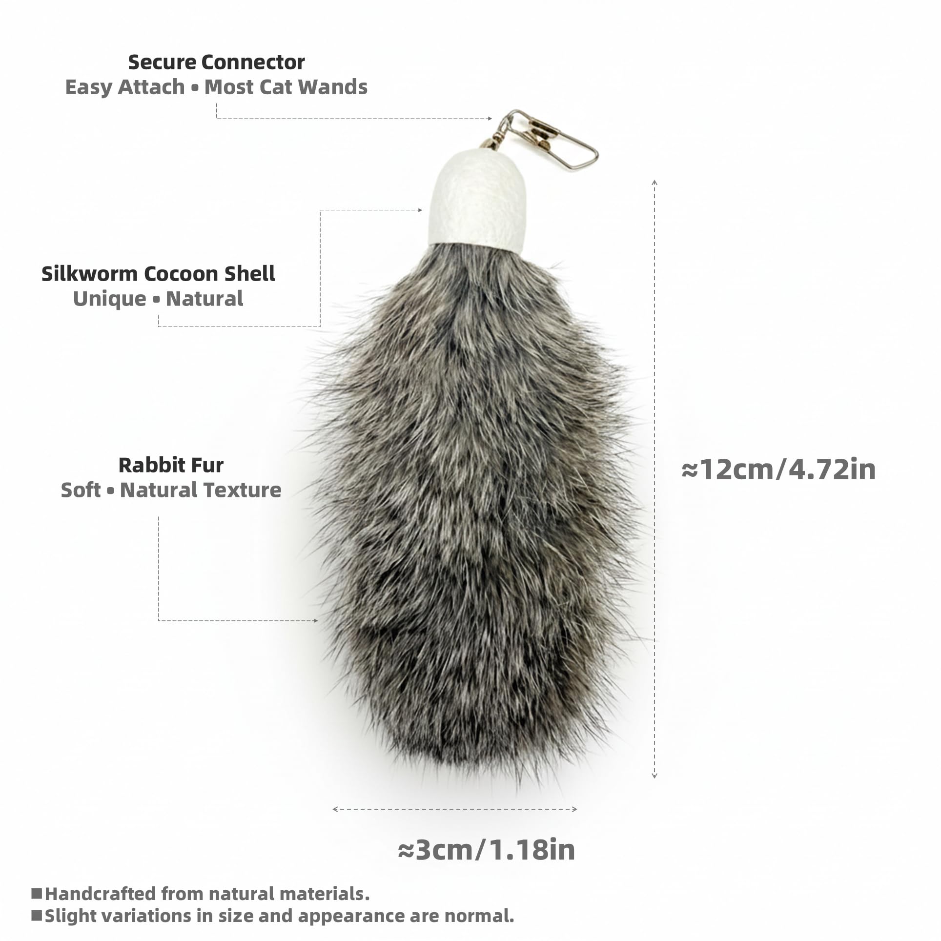 2 Pack Natural Rabbit Fur Cat Toy Refills – Silent Interactive Cat Toys for Indoor Cats, Handmade Replacement Heads with Secure Connector for Cat Wand Toys