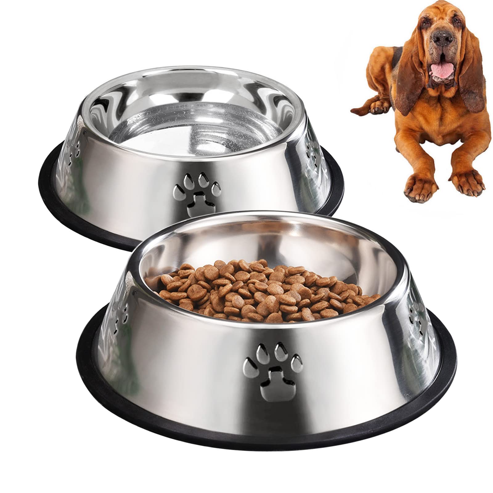 Amazon Basics Stainless Steel Non-Skid Dog Water And Food Bowls, Dishwasher Safe, Rust Resistant, 38oz Capacity, 10 x 2.8 Inches, 2-Pack