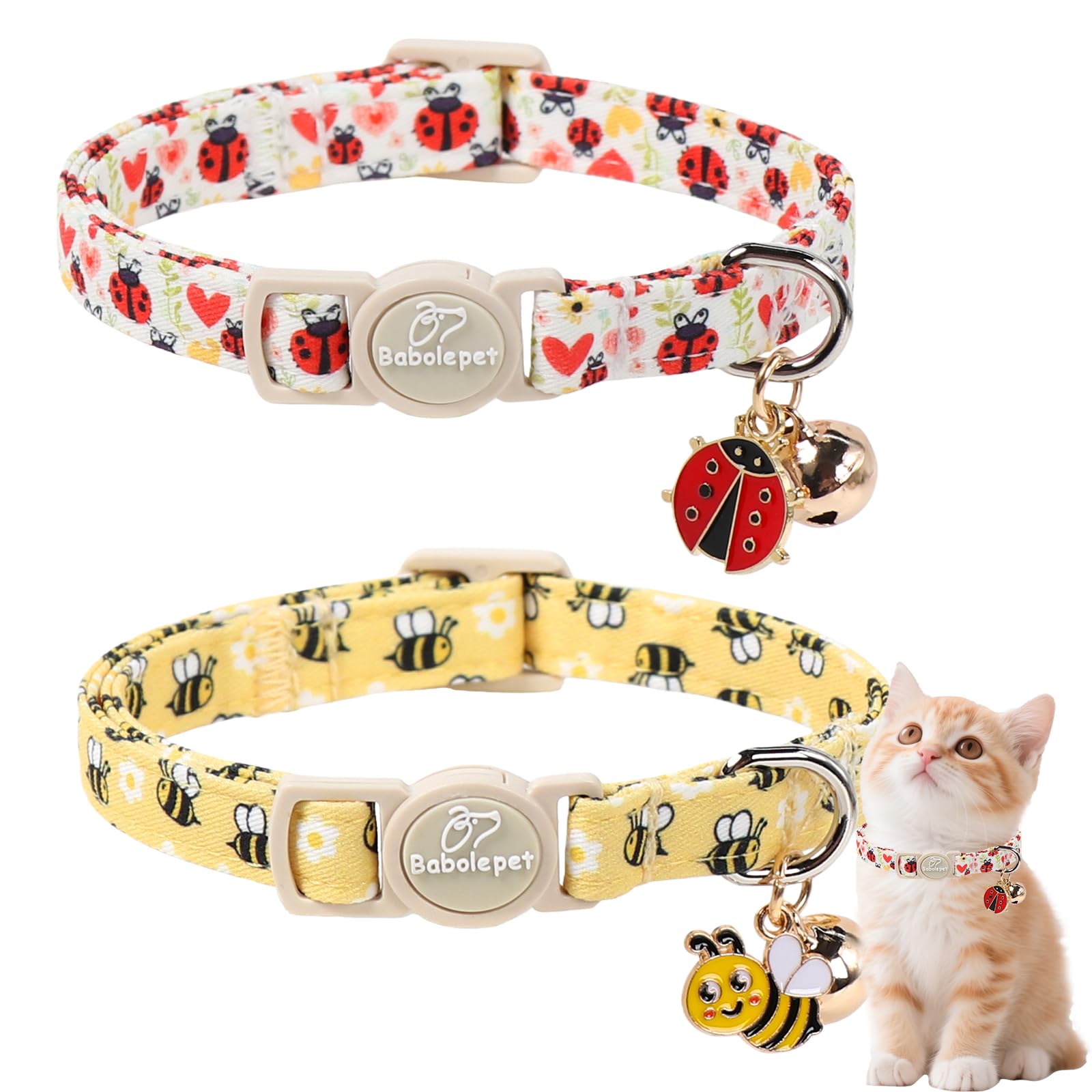 2 Pack Cotton Breakaway Cat Collar Green and Yellow Flowers Pendant Cute Kitten Cat Collar with Bell