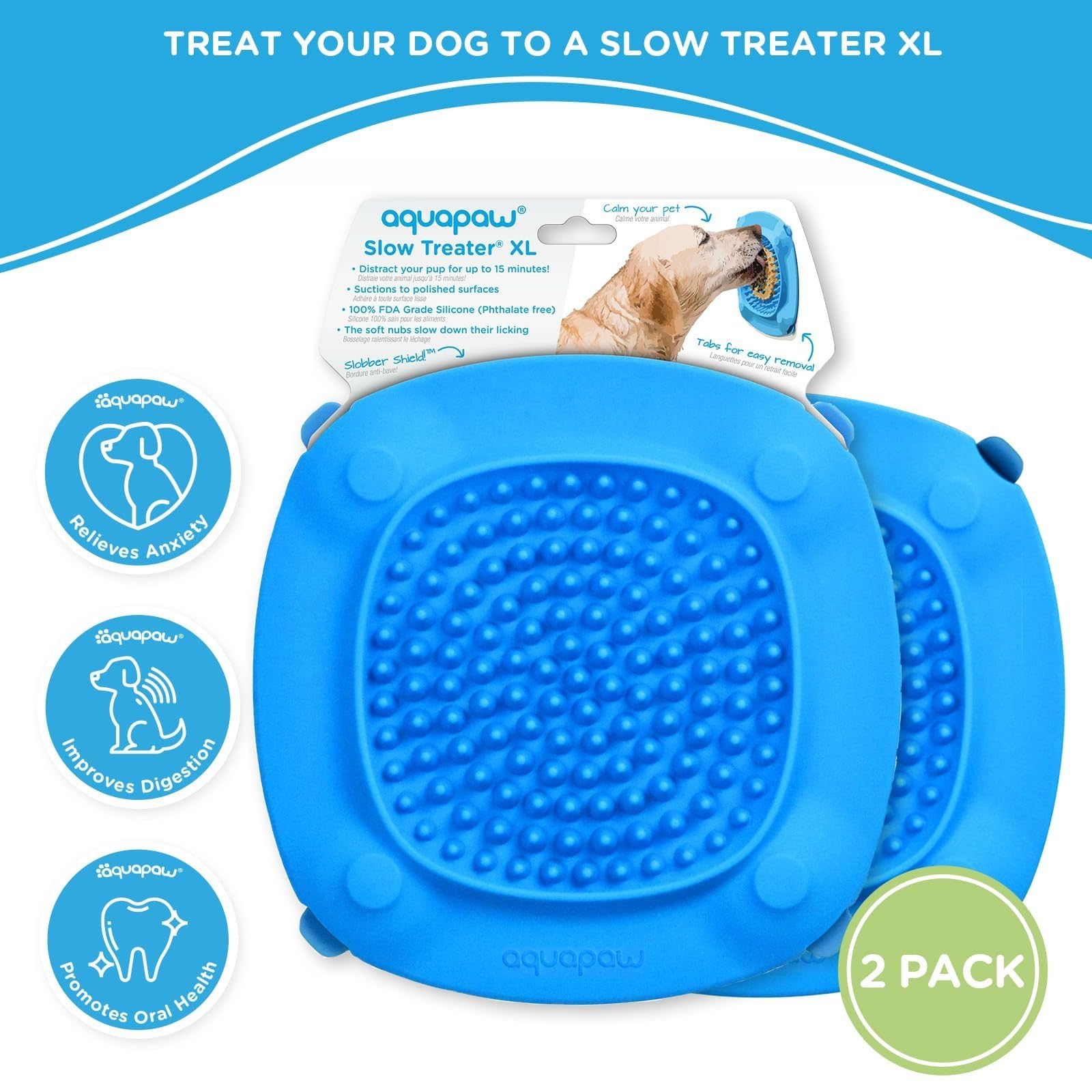 Aquapaw Dog Bath Lick Mat - 2-Pack, XL, Blue - Slow Feeder Mat & Dog Treat Container with Suction Cup - Shower Peanut Butter Holder & Bathing Distraction Aid