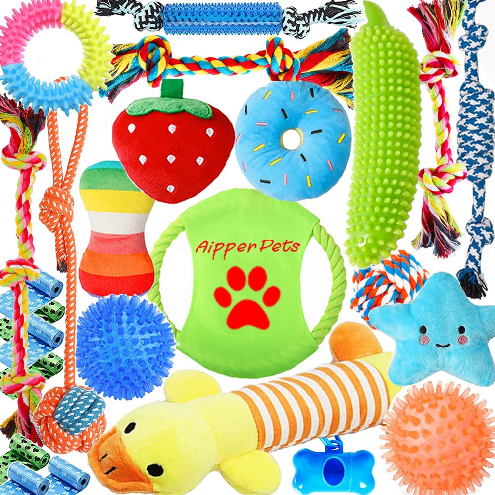Zeaxuie 25 Pack Luxury Dog Chew Toys for Puppy, Dog Toys with Ropes, Treat Ball and Squeaky Puppy Toys for Teething Small Dogs