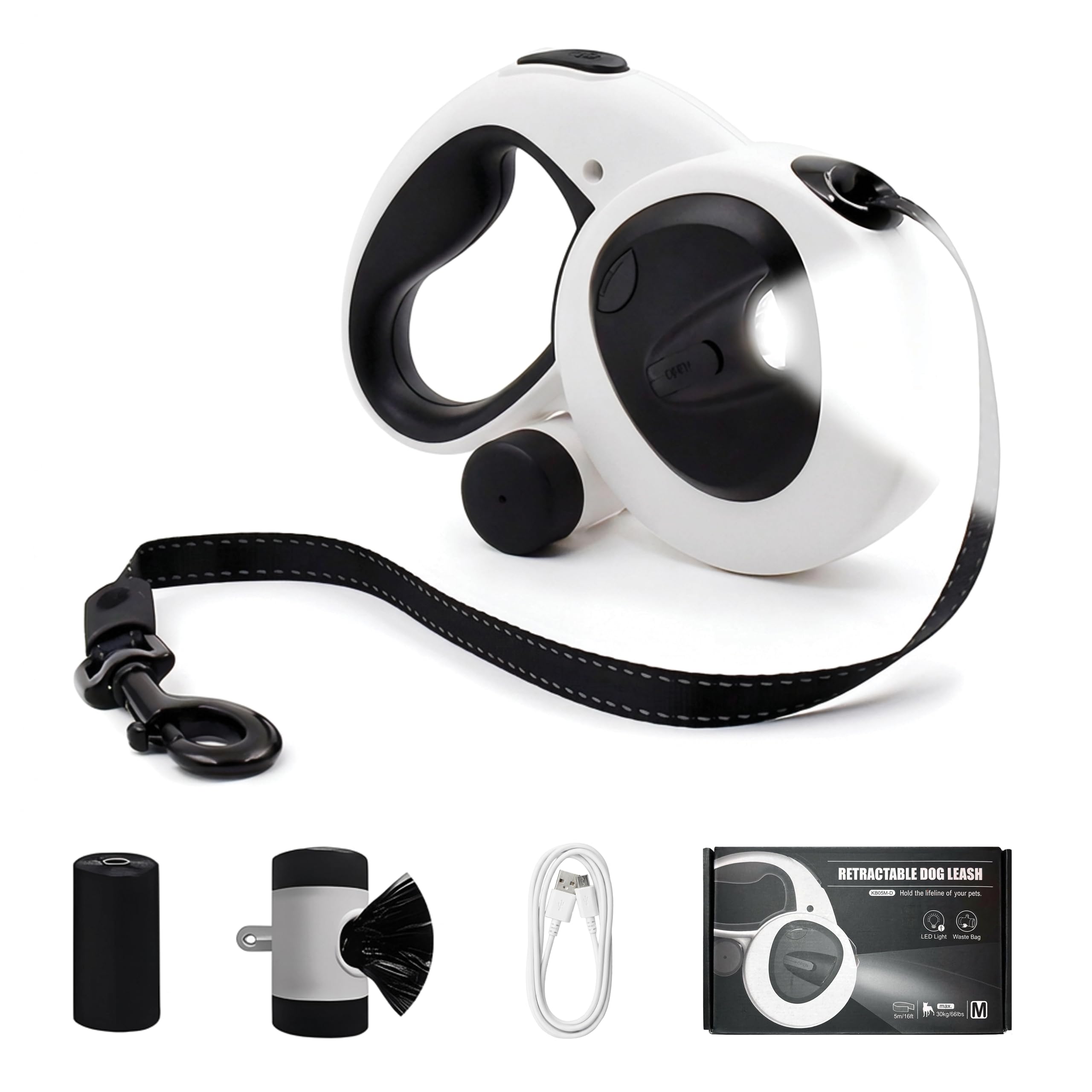 Snuggle Paws Retractable Dog Leash 16ft Heavy-Duty – All-in-One Leash with LED Flashlight, Poop Bag Holder & Chew-Proof Steel Cable Extension – Tangle-Free Design for Small to Large Dogs up to 66 lbs