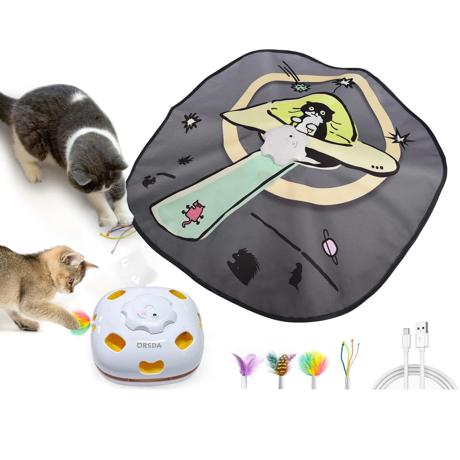 ORSDA 4 in 1 Interactive Cat Toys - Automatic Cat Toys for Indoor Cats & Kittens, 8 Holes Mice Whack-A-Mole, Hide and Seek Smart Motion with 5PCS DIY Replacement Refills