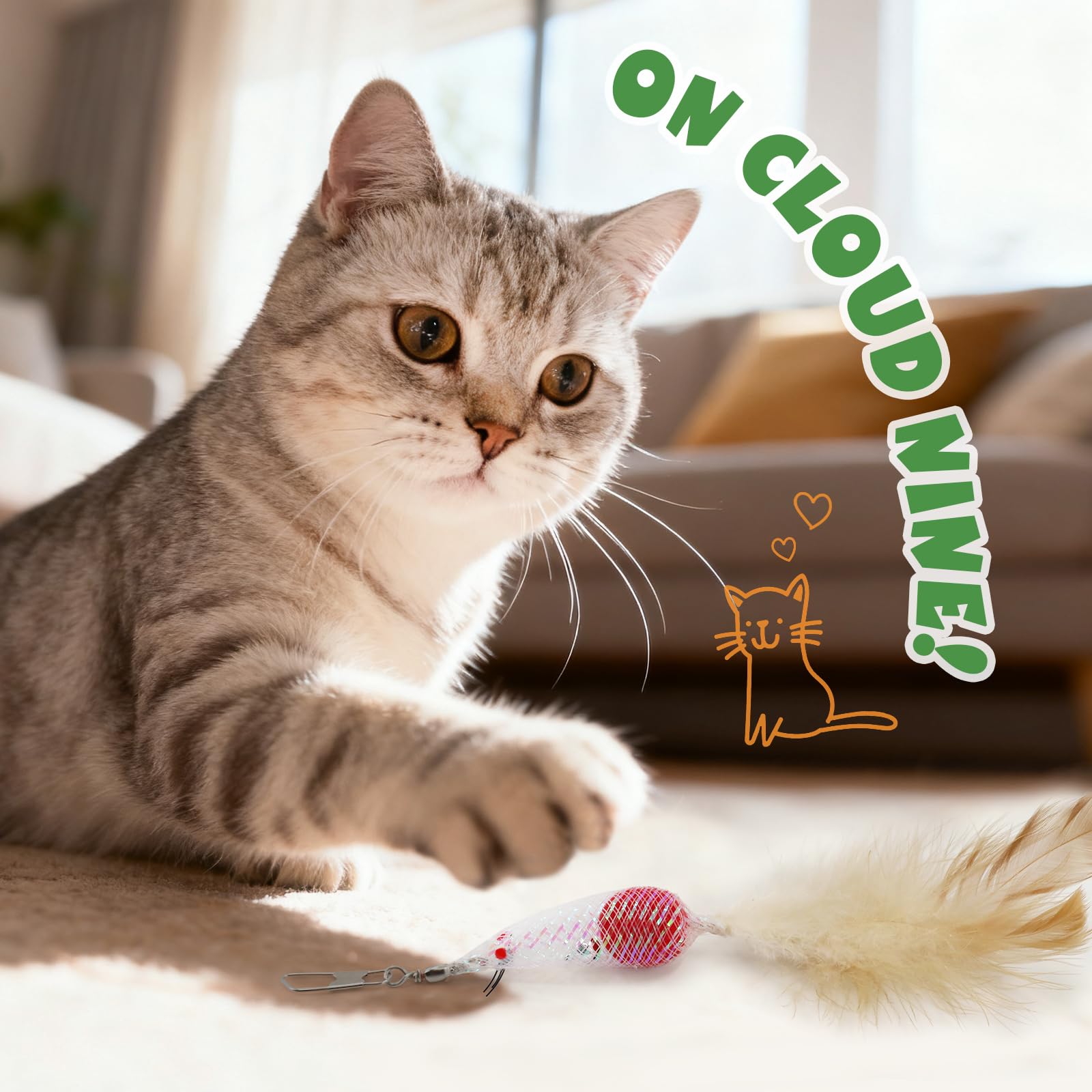 SONGWAY Cat Toy Wand Attachments - 8 Pieces Carrot Shrimp Mouse Fish Worm Dragonfly Cat Feather Toy Refills, Interactive Elastic Mesh Cat Toys for Indoor Cats Kittens