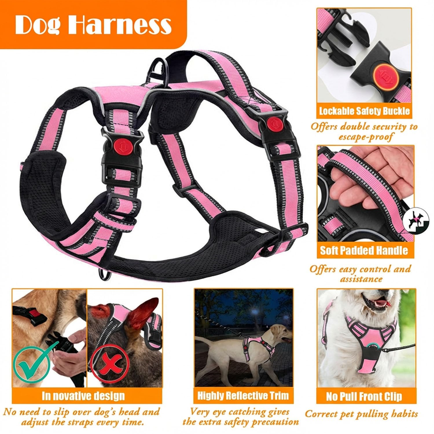 LOBEVE No Pull Dog Harness, Collar & Leash Set | Includes Dog Seat Belt, Collapsible Bowls & Poop Bag Dispenser. Ideal for Training, Walking, Hiking. Fits Small to Large Dogs(Pink-M)