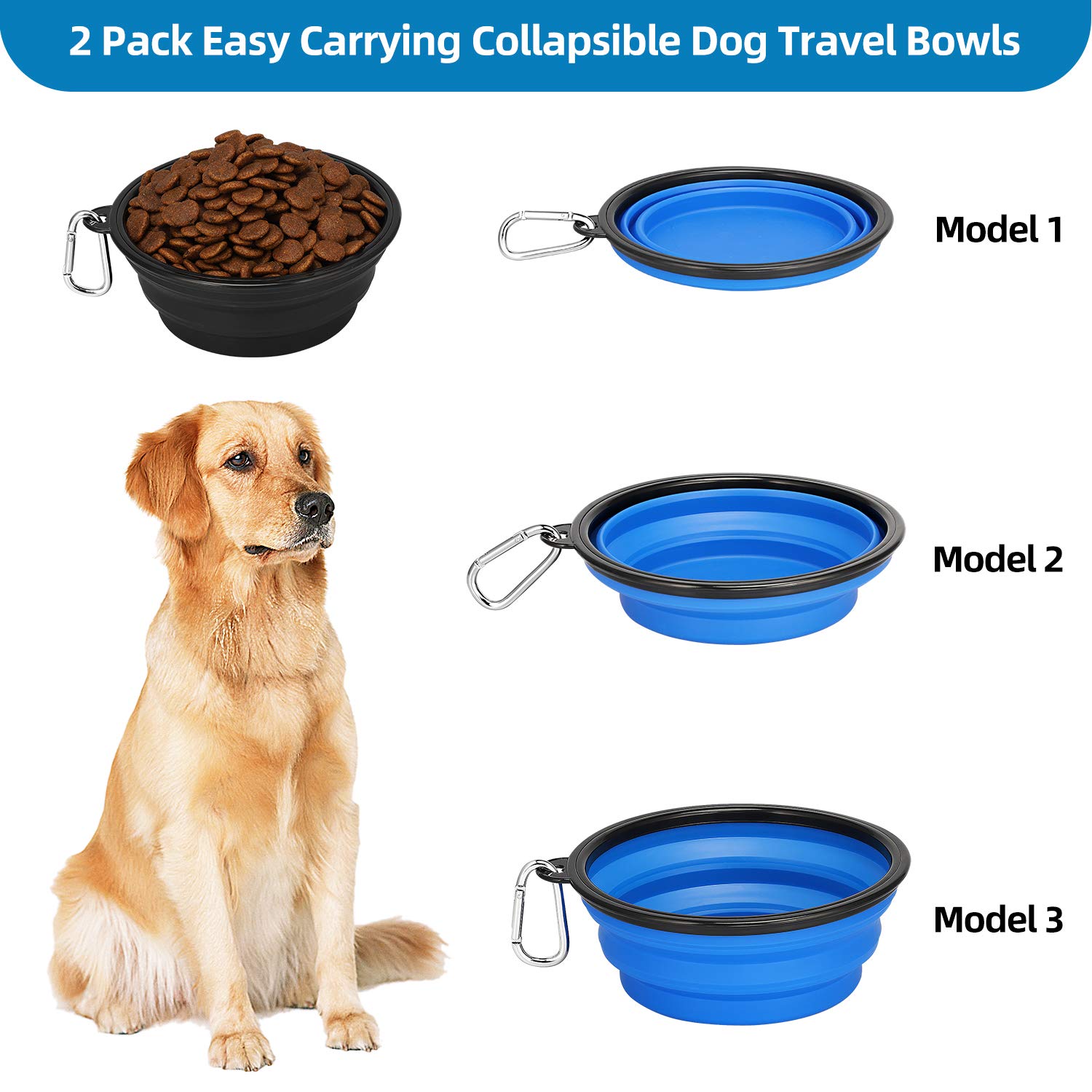 Kytely Large Collapsible Dog Bowls 2 Pack, 34oz Foldable Dog Travel Bowl, Portable Pet Water Food Bowl with Clasp, Pet Cat Feeding Cup Dish for Traveling, Walking, Hiking (Black+Blue)