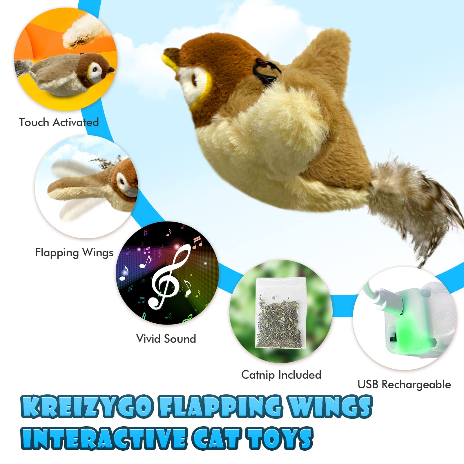 Cat Toys, Flapping Wings Sparrow, No Flying, Chirping Bird Interactive Catnip Toy for Kitten or Small Dogs, Touch Activated, Rechargeable